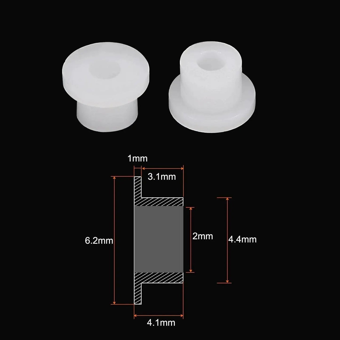 30 Pieces Flanged Sleeve Bearings Nylon Bushings for Shaft With 2mm Bore, 4.4mm OD, 4.1mm Length, 6.2mm Flange Diameter, Self Lubricating White