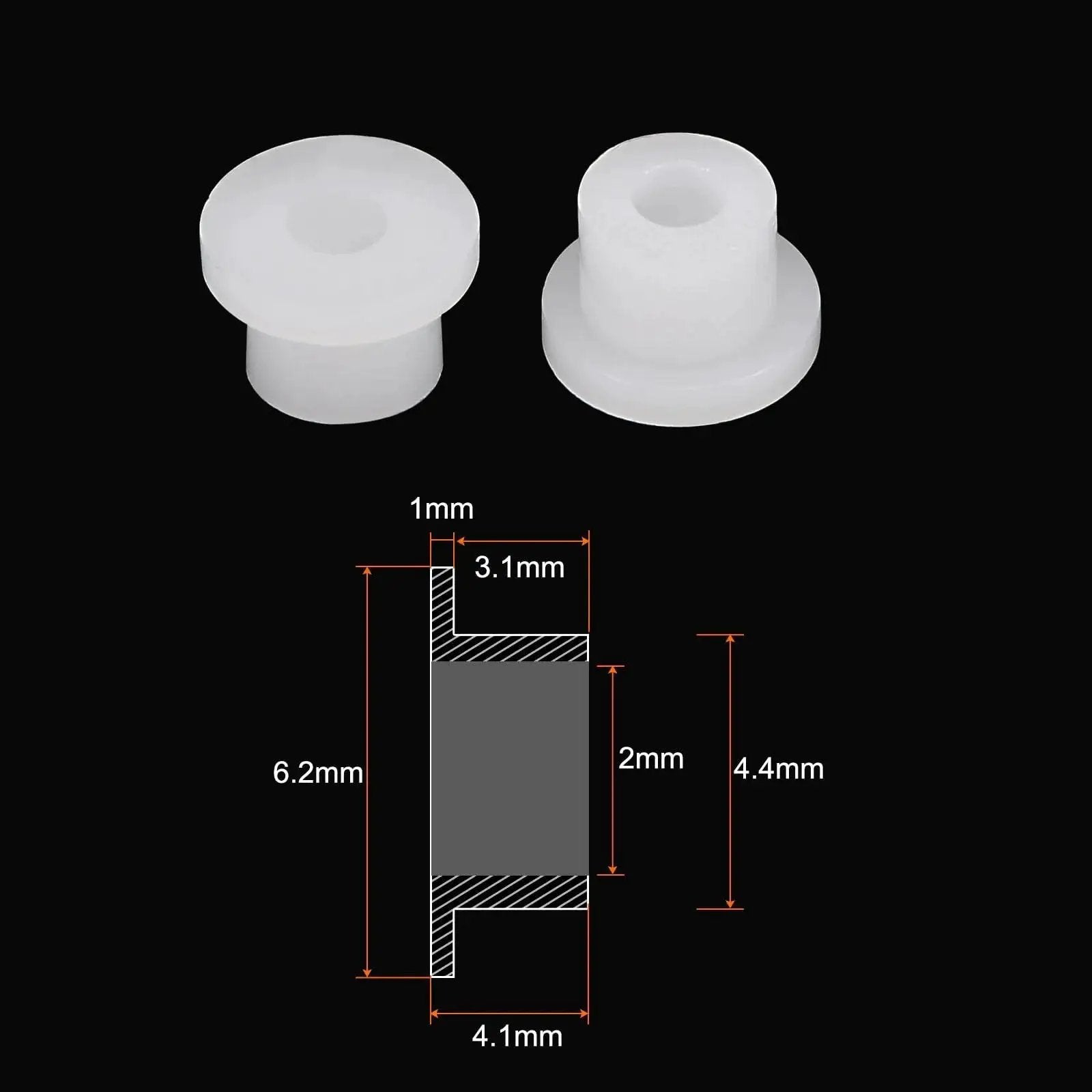 30 Pieces Flanged Sleeve Bearings Nylon Bushings for Shaft With 2mm Bore, 4.4mm OD, 4.1mm Length, 6.2mm Flange Diameter, Self Lubricating White
