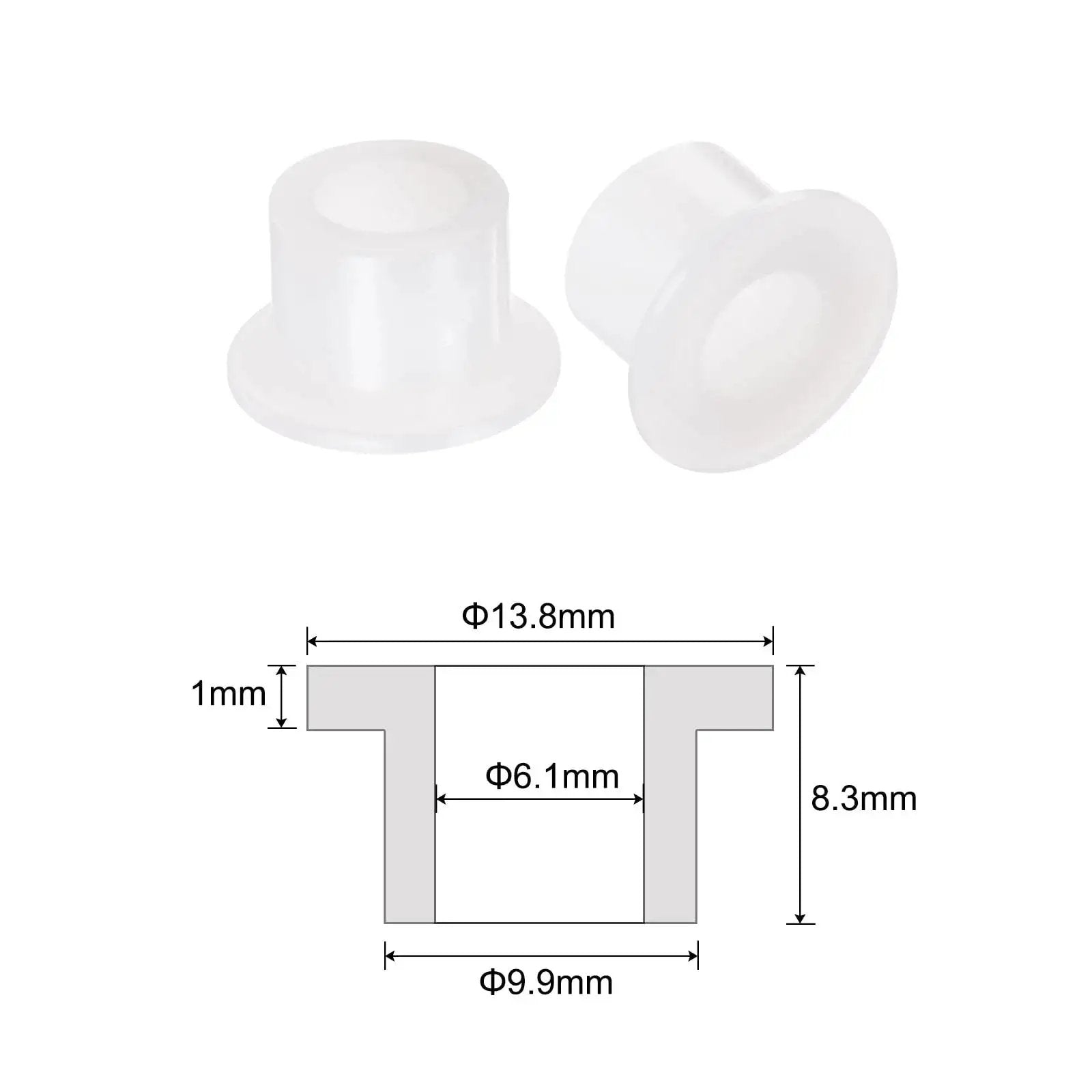 12 Pack Nylon Flanged Sleeve Bearings 6.1mm Bore By 9.9mm OD By 8.3mm Length White Self-Lubricating Bushings with dimensions shown