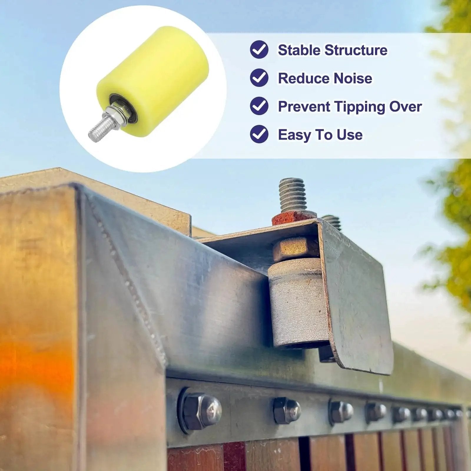 4Pcs Slide Gate Guide Rollers Set With 60x80 Mm Nylon Wheels, 12 Mm Thread, installed on metal gate frame, shown in beige finish.