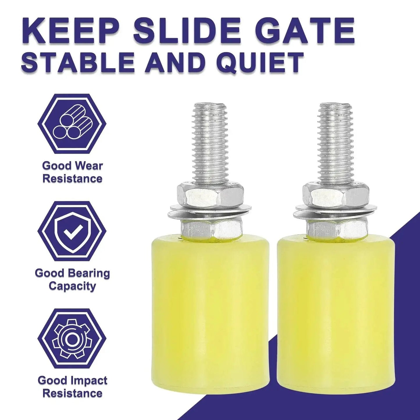 Slide Gate Guide Rollers 8 Piece Nylon Wheel Set For Sliding Doors And Gates, showing two beige nylon rollers with threads.