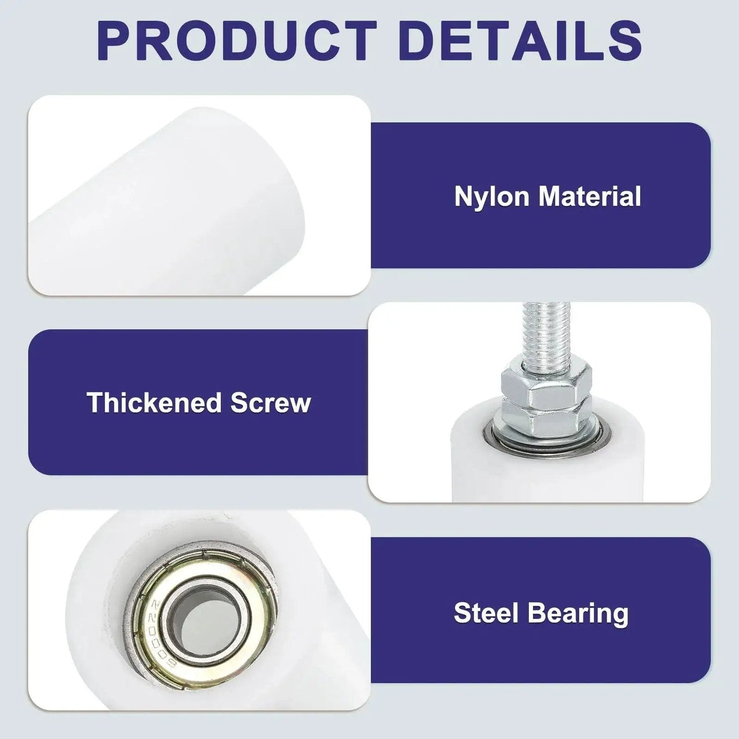 Close-up image of a 4 Pack Slide Gate Guide Rollers Nylon Pulley Wheels 40x70 Mm with steel bearing and thickened screw.