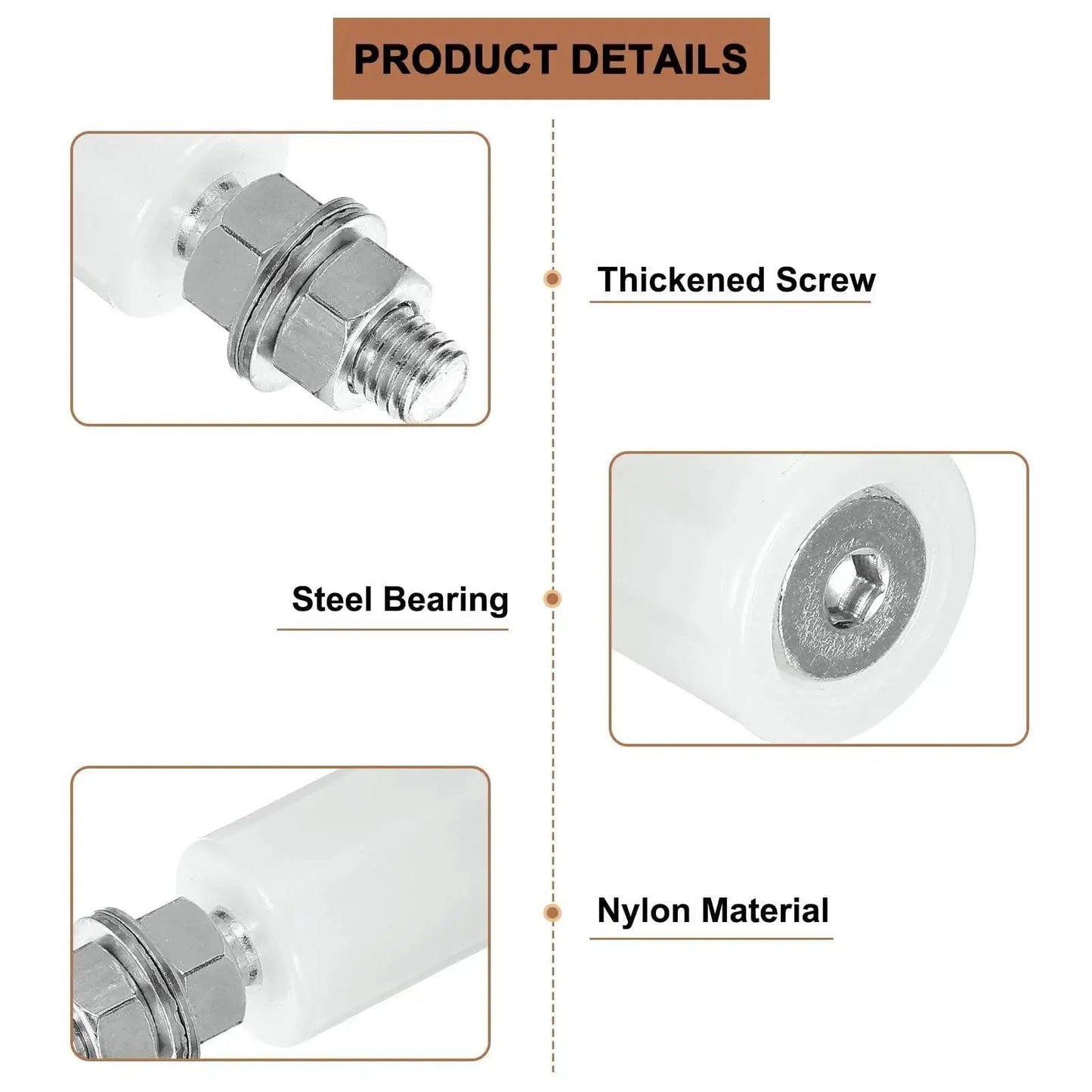 Close-up of 4 Pack Slide Gate Guide Rollers Nylon Bearing Wheels For Sliding Gates And Doors, showing steel bearing and screw.