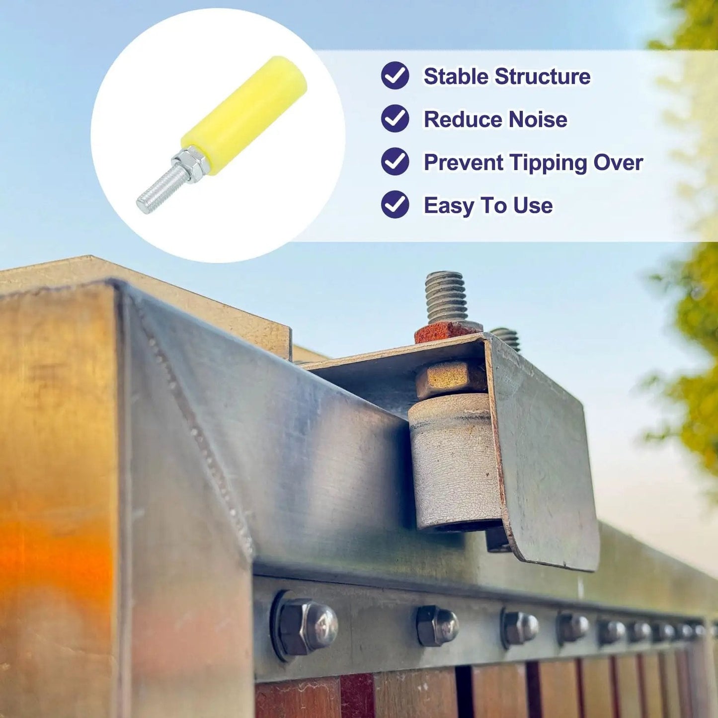 Installed 4 Pack Slide Gate Guide Rollers With Nylon Wheels, 3 Inch Gate Support Assembly shown on metal sliding gate