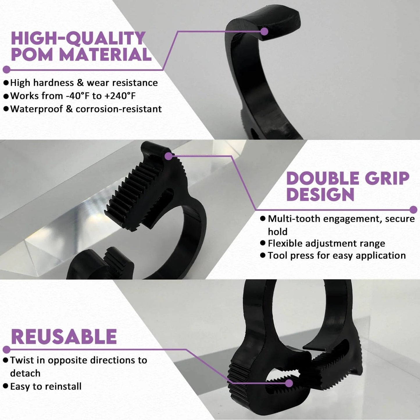 Plastic Hose Clamp 1.25 Inch Outer Diameter Heavy Duty Double Grip Nylon Hose Clamps With Snap Ratchet Adjustable Secure Fit visible in three views.