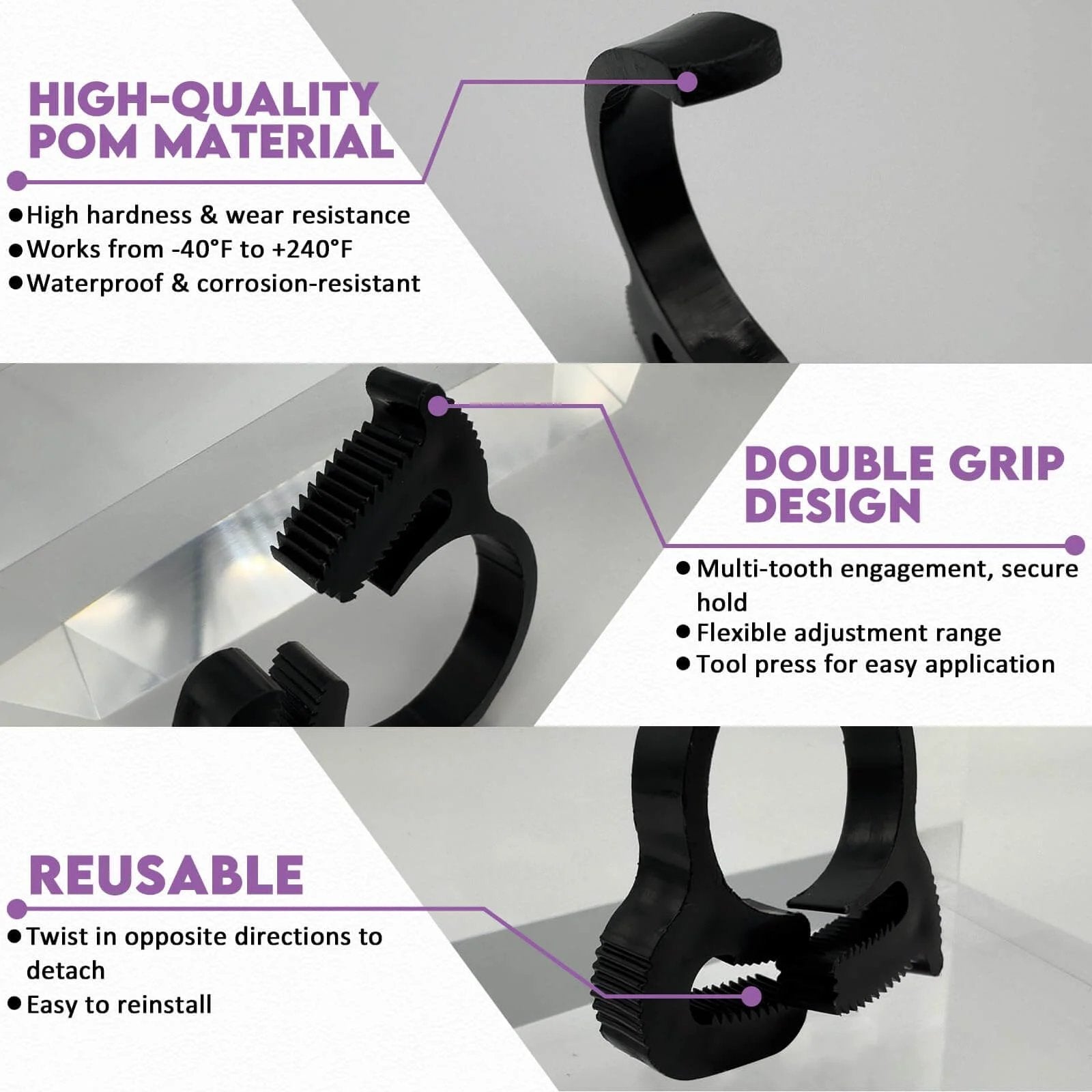 Plastic Hose Clamp 1.25 Inch Outer Diameter Heavy Duty Double Grip Nylon Hose Clamps With Snap Ratchet Adjustable Secure Fit visible in three views.