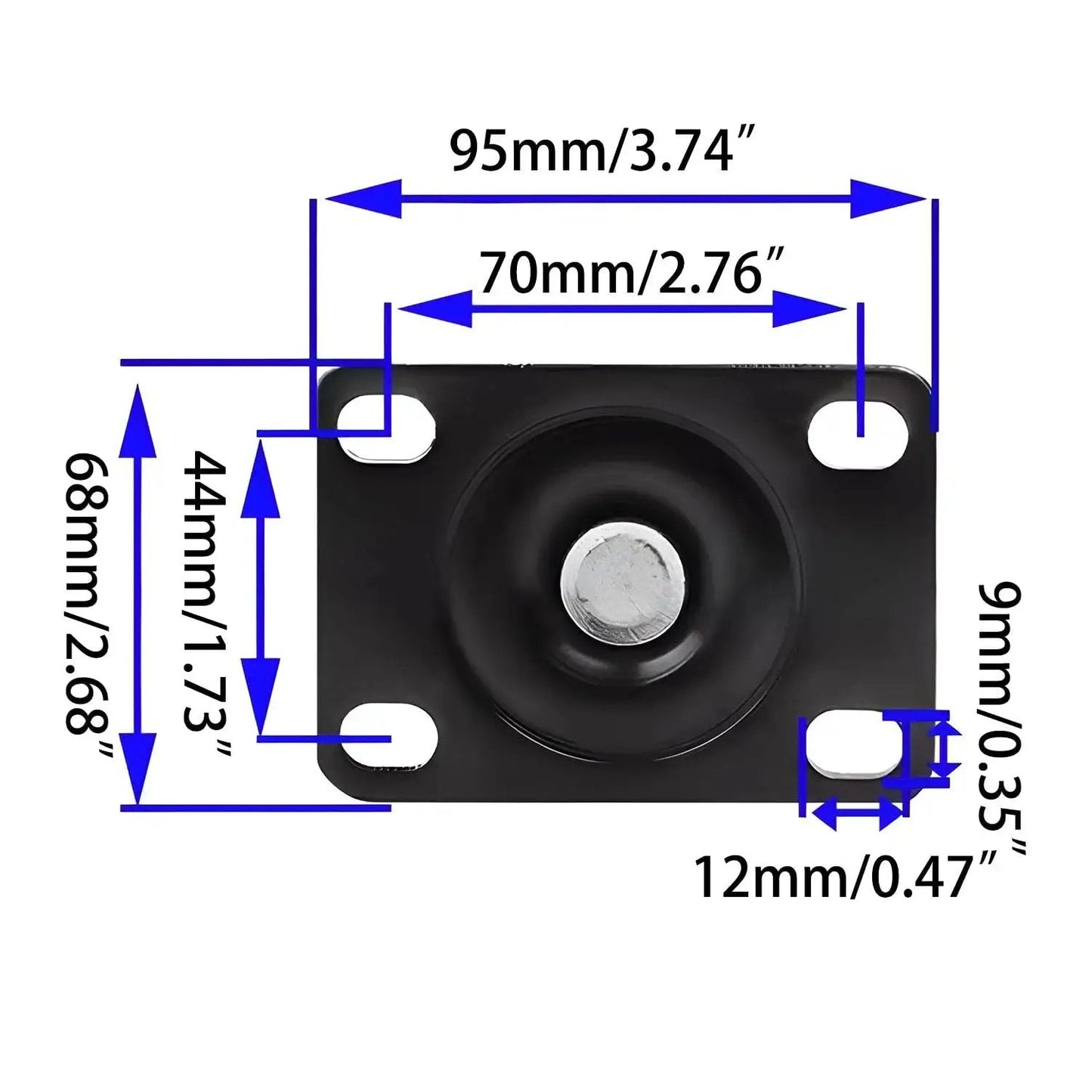 Top view of 2.5 Inch Heavy Duty Plate Casters With 360 Degree Swivel Top Plate Nylon Wheels 1500 Lbs Load Capacity with measurements