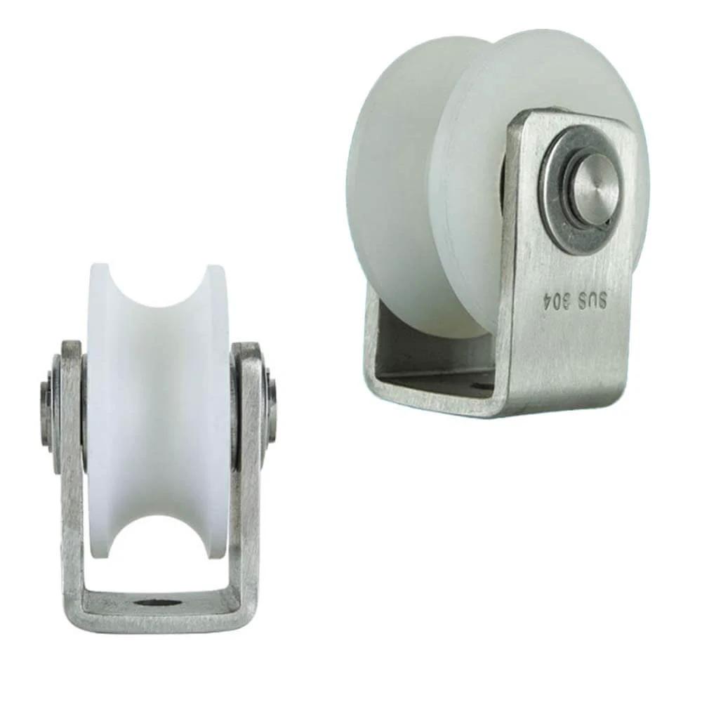 Front and side view of Pulley,Pulley Wheel, Heavy Duty Nylon Sliding Track Roller,Directional Pulley,304 Stainless Steel Bearing,for Industrial Machines,Sliding Door,Rolling Gates,Wire Rope Rails(U Type,48MM/2in)