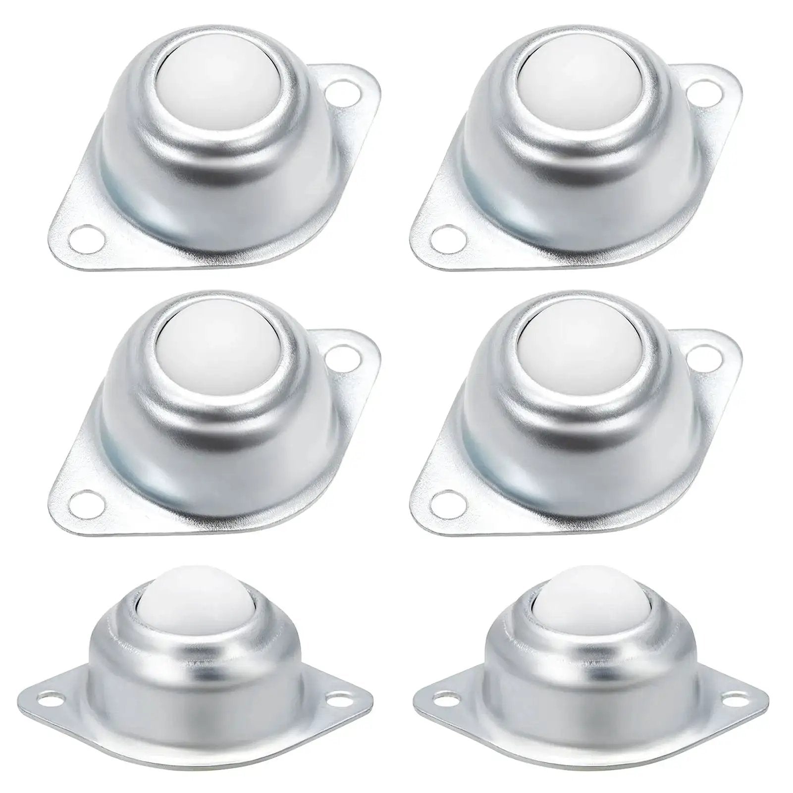 Six Pack Five Eighth Inch Nylon Roller Ball Transfer Bearing Casters With 360 Degree Swivel Wheels on white background