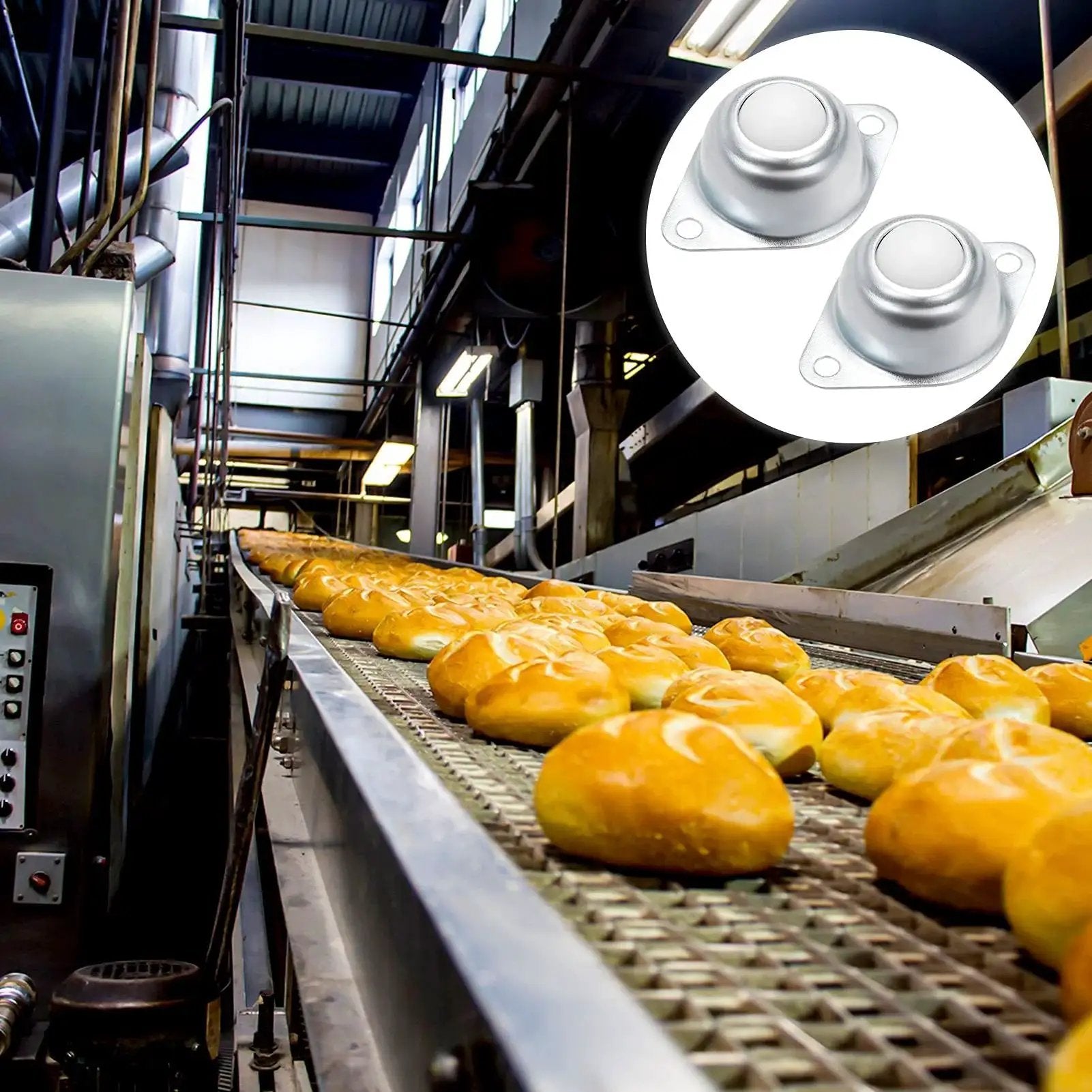 Conveyor belt with bread rolls and Six Pack Five Eighth Inch Nylon Roller Ball Transfer Bearing Casters With 360 Degree Swivel Wheels inset.