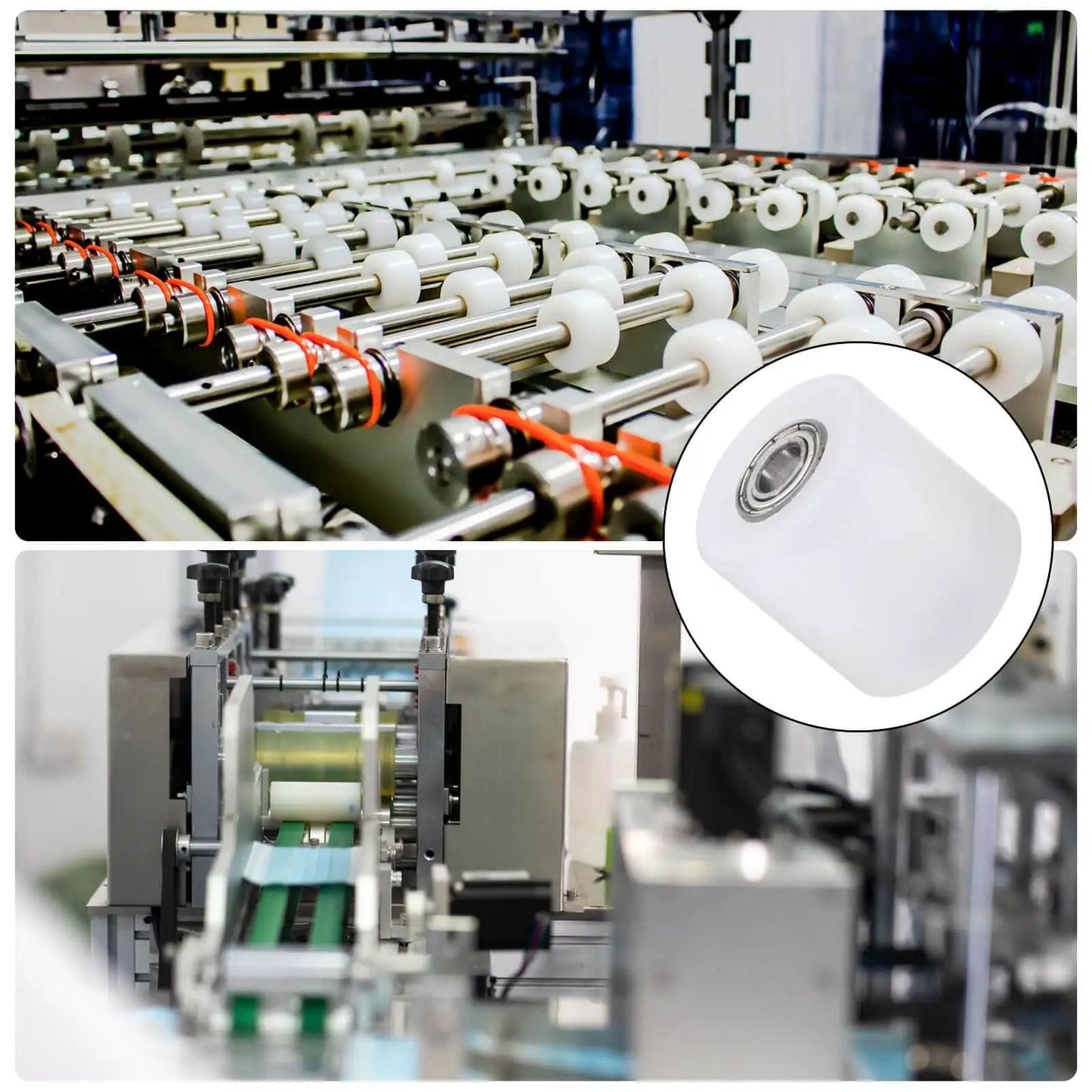 Nylon Roller Wheel Set With 686Z Bearings One Quarter Inch Bore One Inch Outer Diameter One Inch Length Four Pieces CNC Guiding Wheel Flat Belt Idler Pulley White For Conveyor And 3D Printer Projects shown in industrial setting and close-up view.