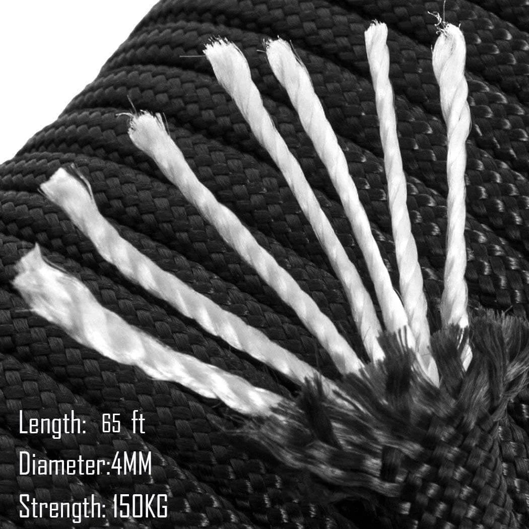 Close-up of nylon line rope, 66 ft, for Pulley System Set, M20 Crane Pulleys for Lifting with Rope, 304 Stainless Steel Block