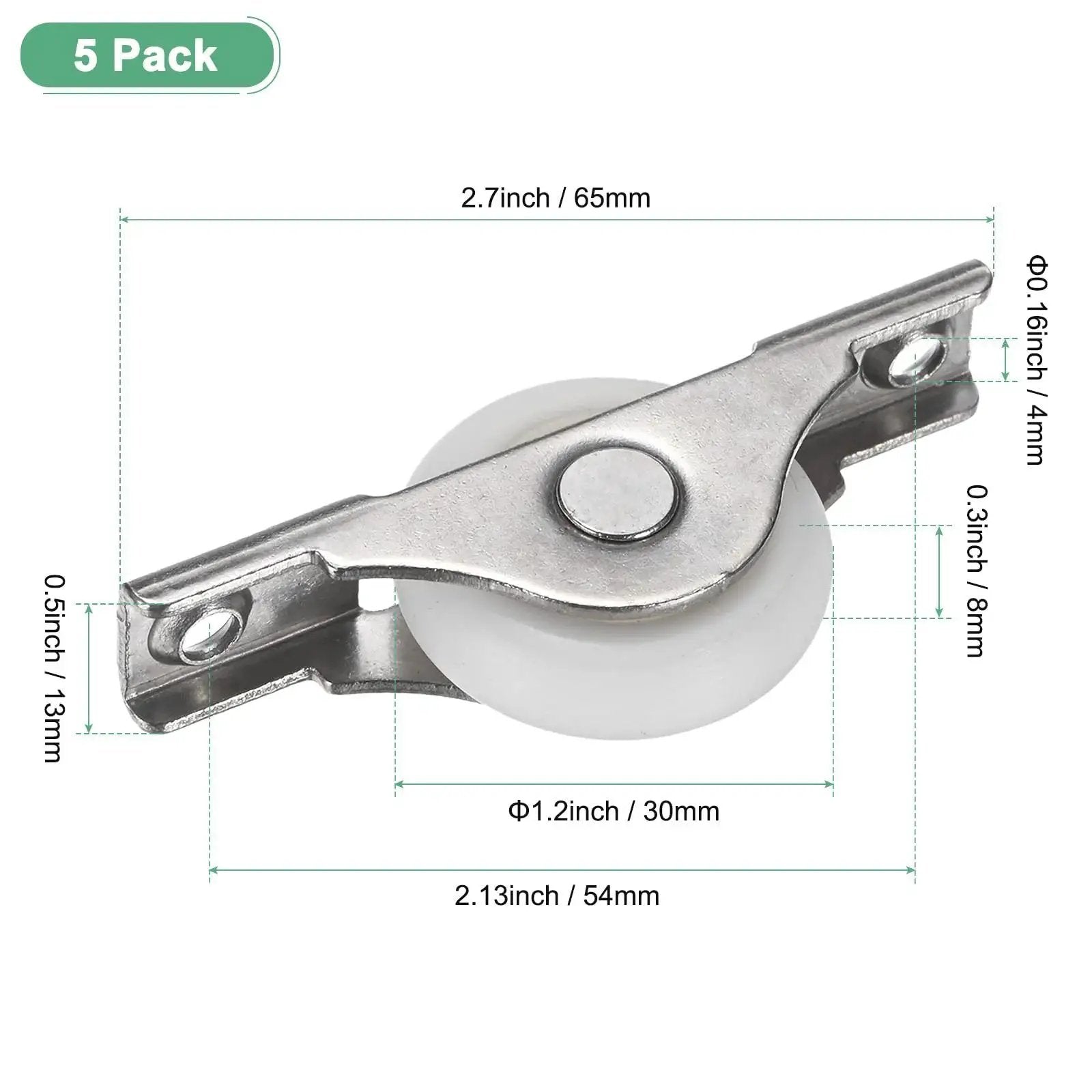 5-Pack Screen Door Rollers 30mm 1.18 Inch Diameter Nylon Pulley Wheels Replacement, front view, with dimensions