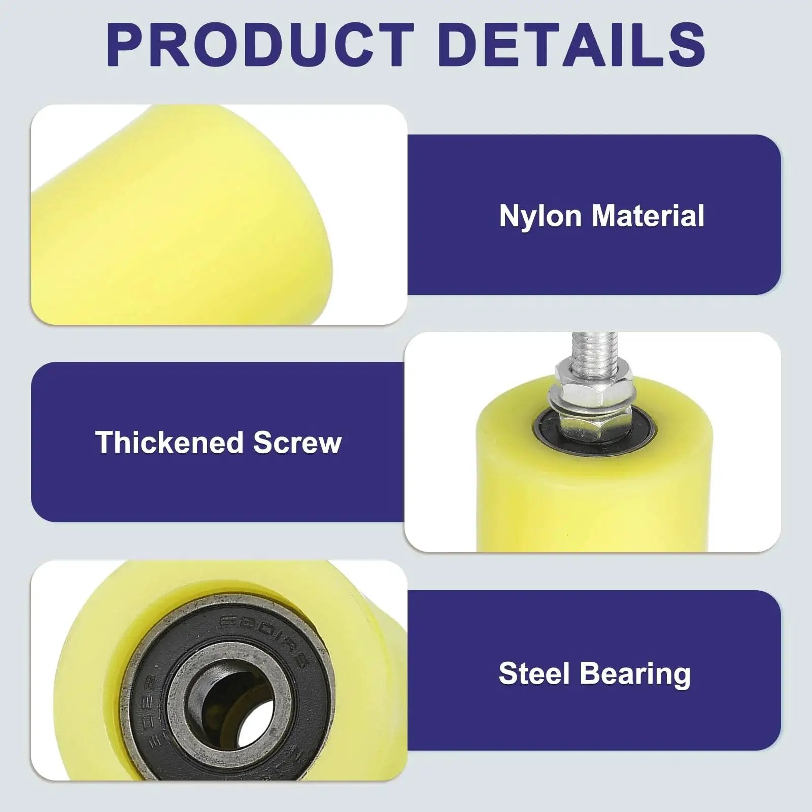 Product details showing nylon material, thickened screw, and steel bearing of the 4Pcs Slide Gate Guide Rollers Set With 60x80 Mm Nylon Wheels, 12 Mm Thread, 4.53 In Total Height, Beige Finish, Universal Door Pulley Wheels For Sliding Gates And Electric Doors, Durable Nylon And Steel Construction.