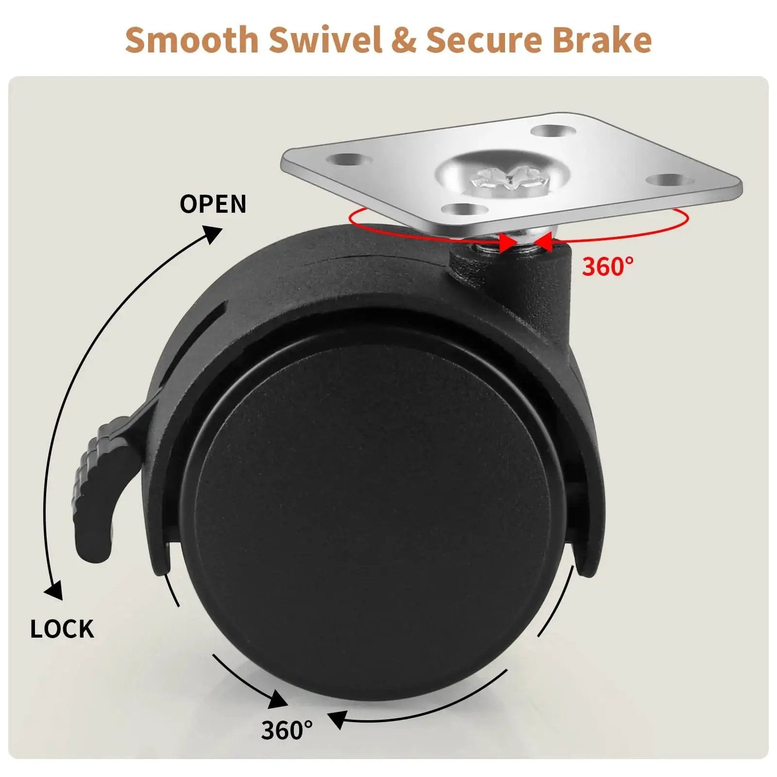 1.5 Inch Nylon Plate Caster Wheels With Brakes, Swivel Furniture Casters For Light Duty Furniture And Equipment, side view showing 360-degree swivel and lock mechanism.