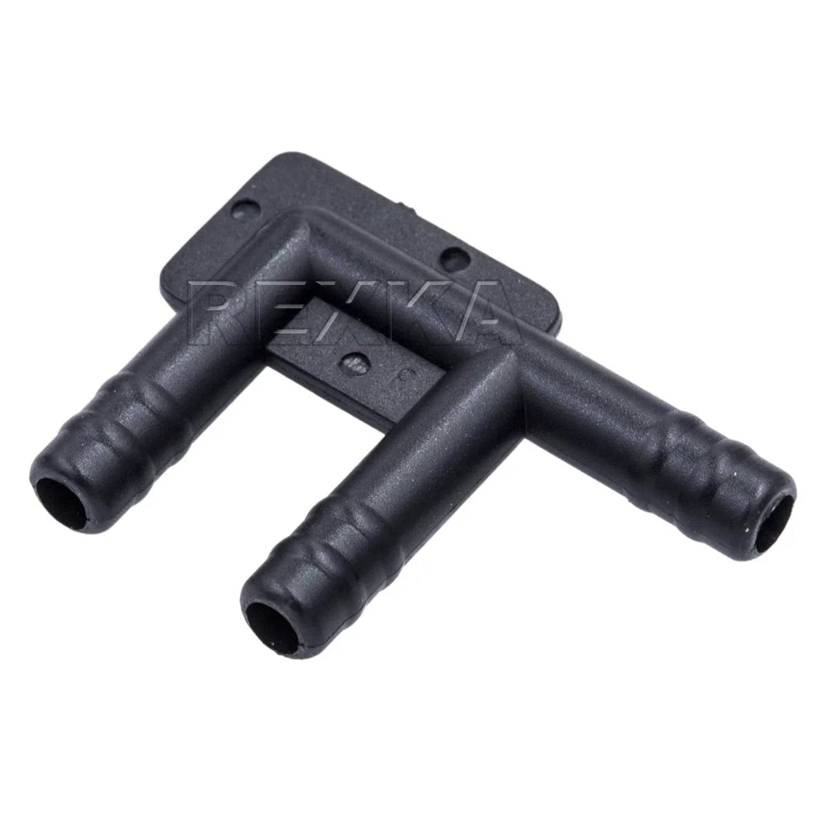 Nylon Three Way Vacuum F Hose Connector For GM Vehicles Black Barbed Fittings with 3/16-inch openings, side view.