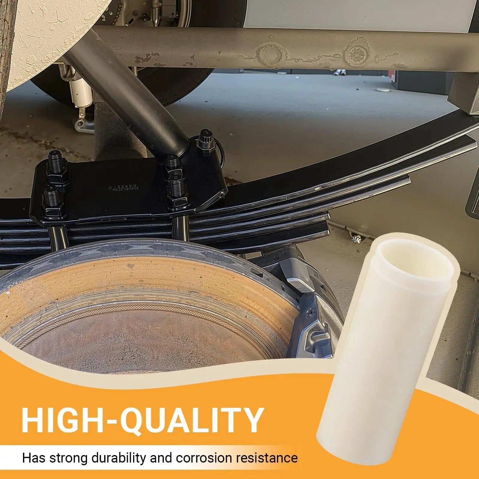 Close-up of installed Nylon Trailer Leaf Spring Bushing, showing durability and fit, designed for easy installation in towing trailers.