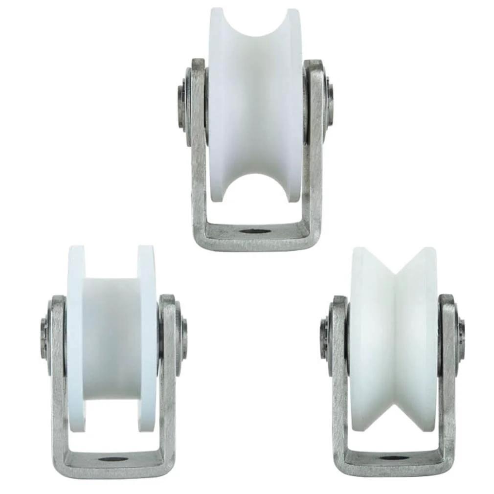 Front view of three heavy duty nylon sliding track rollers with 304 stainless steel bearings for industrial machines and sliding doors.
