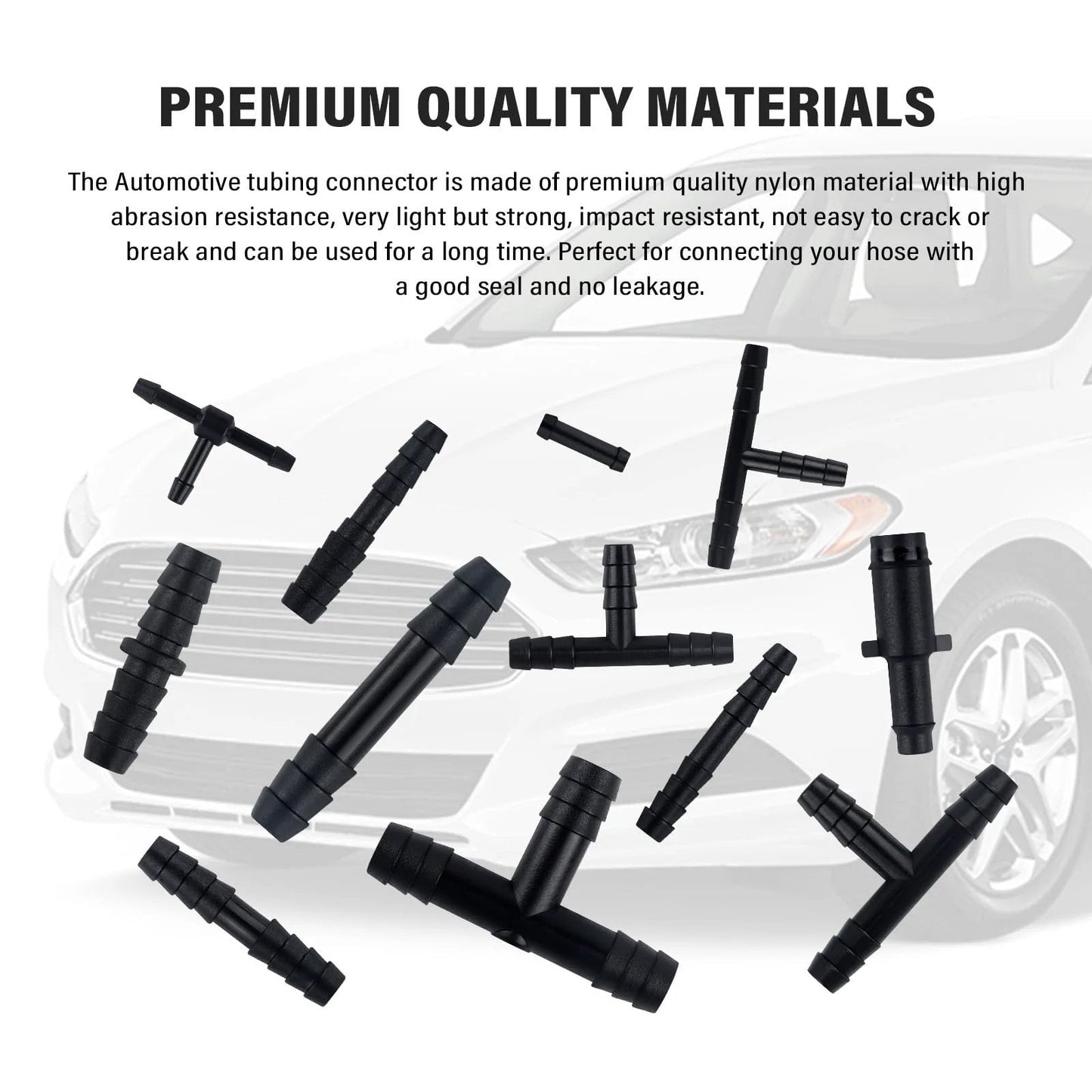 64 Piece Vacuum Line Connectors Kit For Auto DIYers Heat Resistant To 240 C 460 F Silicone Vacuum Hose Fittings Assortment laid out with various connector types.