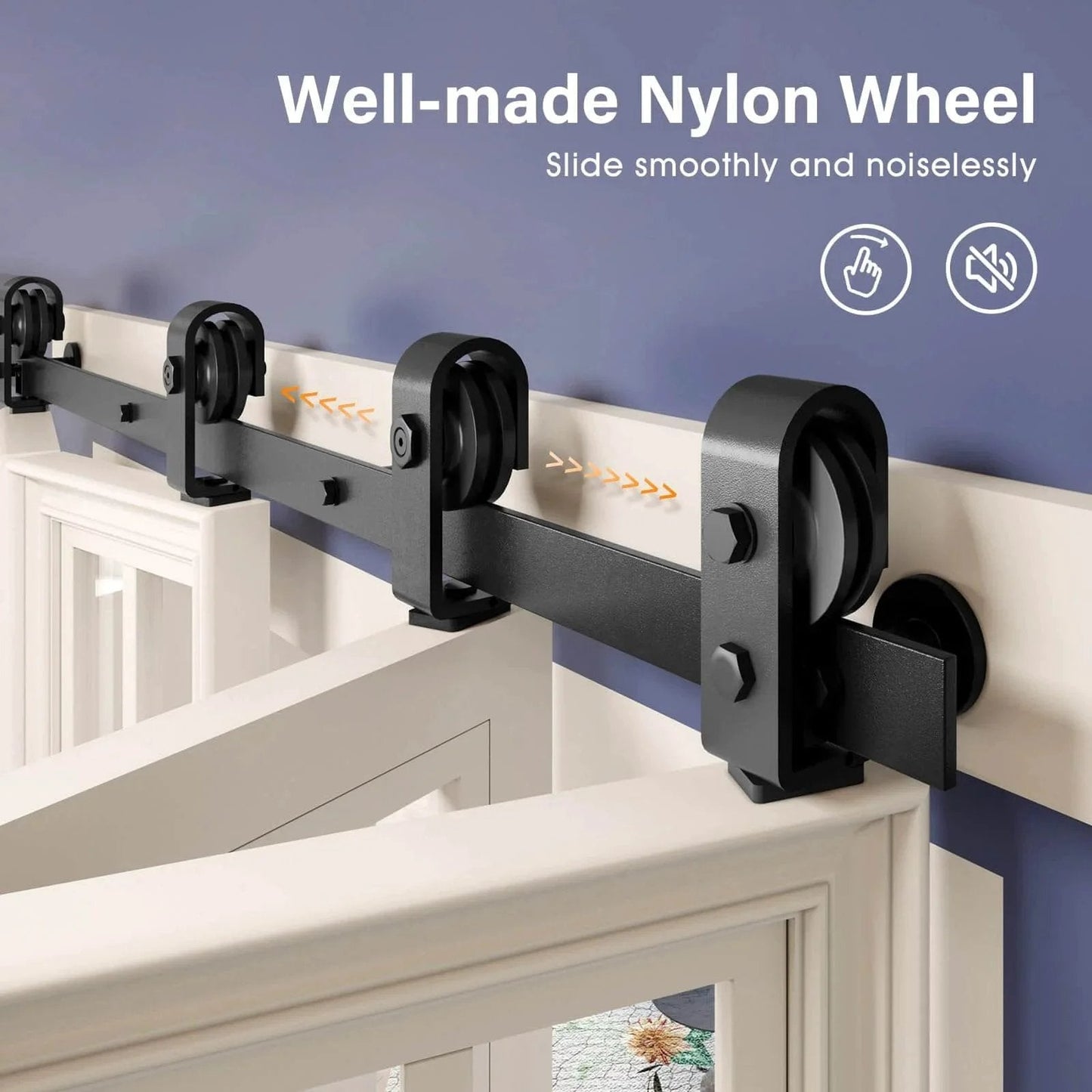 52 inch Bifold Barn Door Hardware Track Kit for Two 24 inch Closet Doors,Top Mount Sliding System roller detail, black color