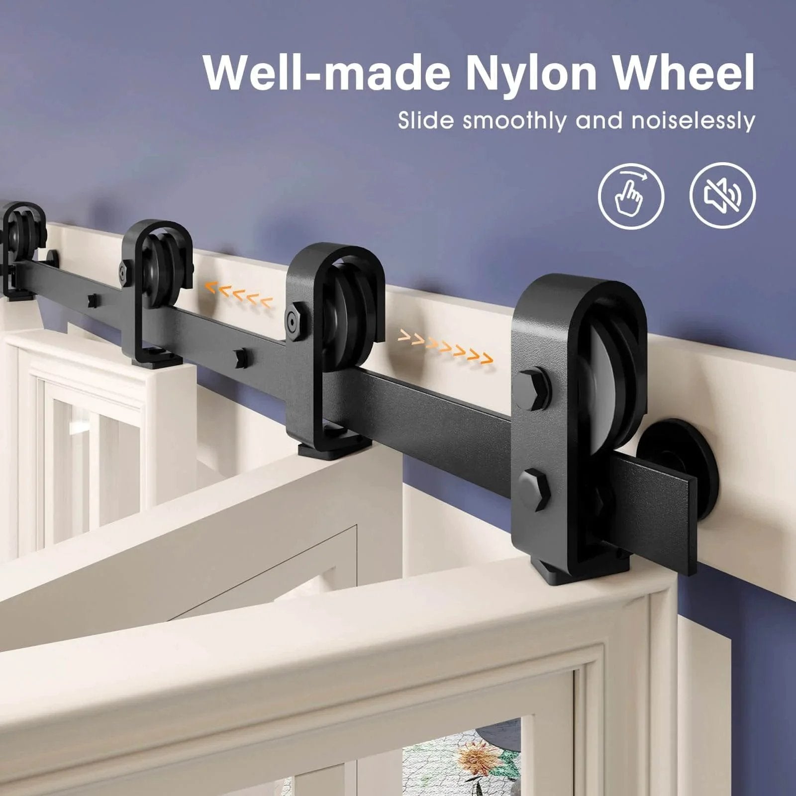 52 inch Bifold Barn Door Hardware Track Kit for Two 24 inch Closet Doors,Top Mount Sliding System roller detail, black color