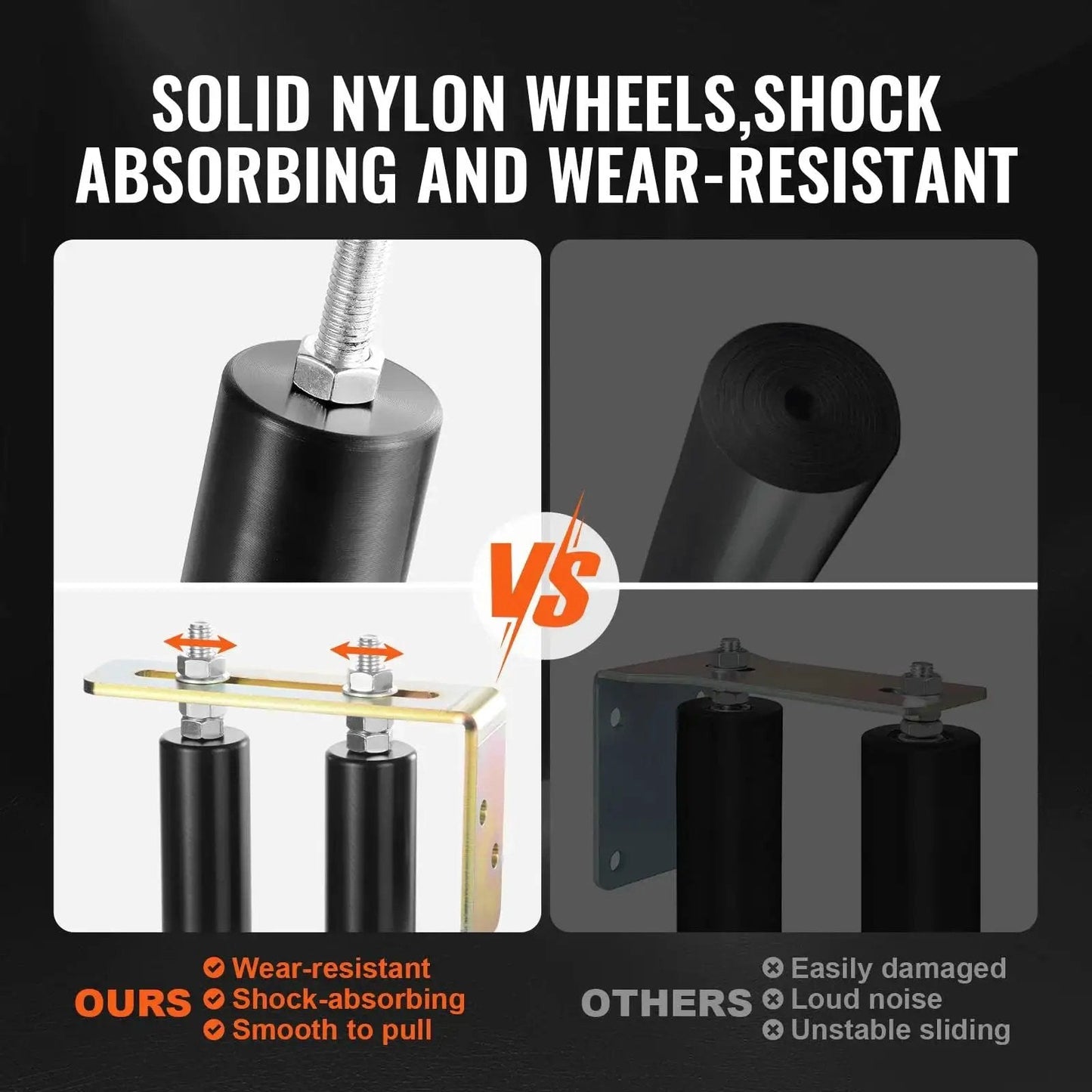 Comparison of solid nylon wheels in Sliding Gate Kit 6 Inch Gate Hardware With L Bracket Universal Adjustable Gate Rollers