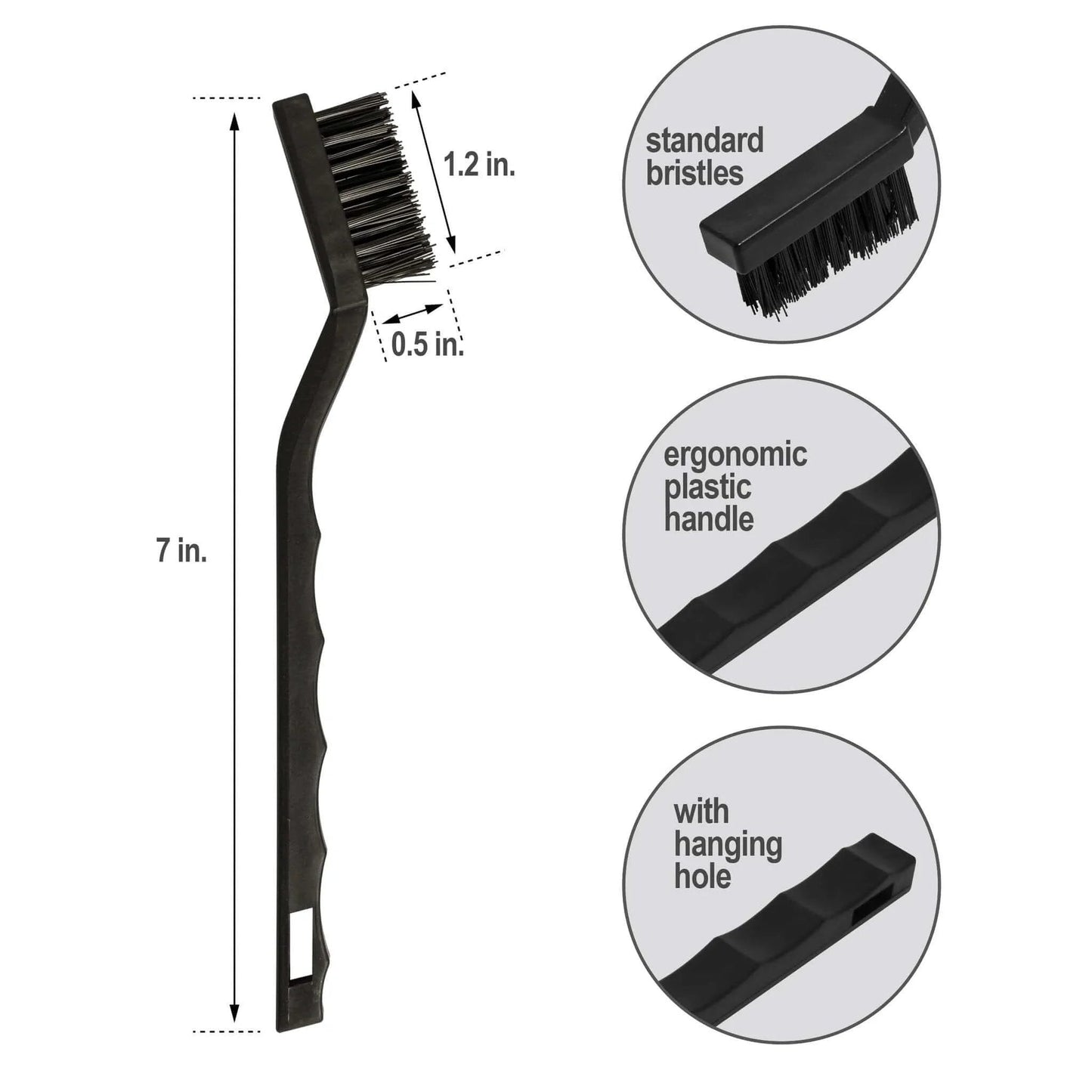 Diagram of a wire brush from the 6Pcs Wire Brush Set, details of standard bristles, ergonomic handle, and hanging hole shown.