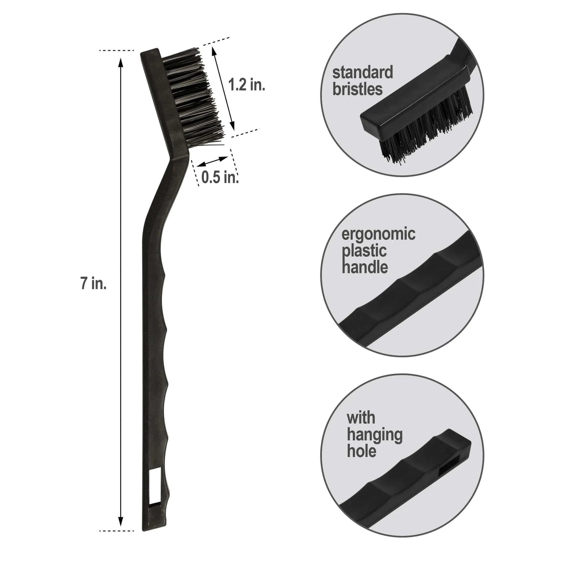 Diagram of a wire brush from the 6Pcs Wire Brush Set, details of standard bristles, ergonomic handle, and hanging hole shown.