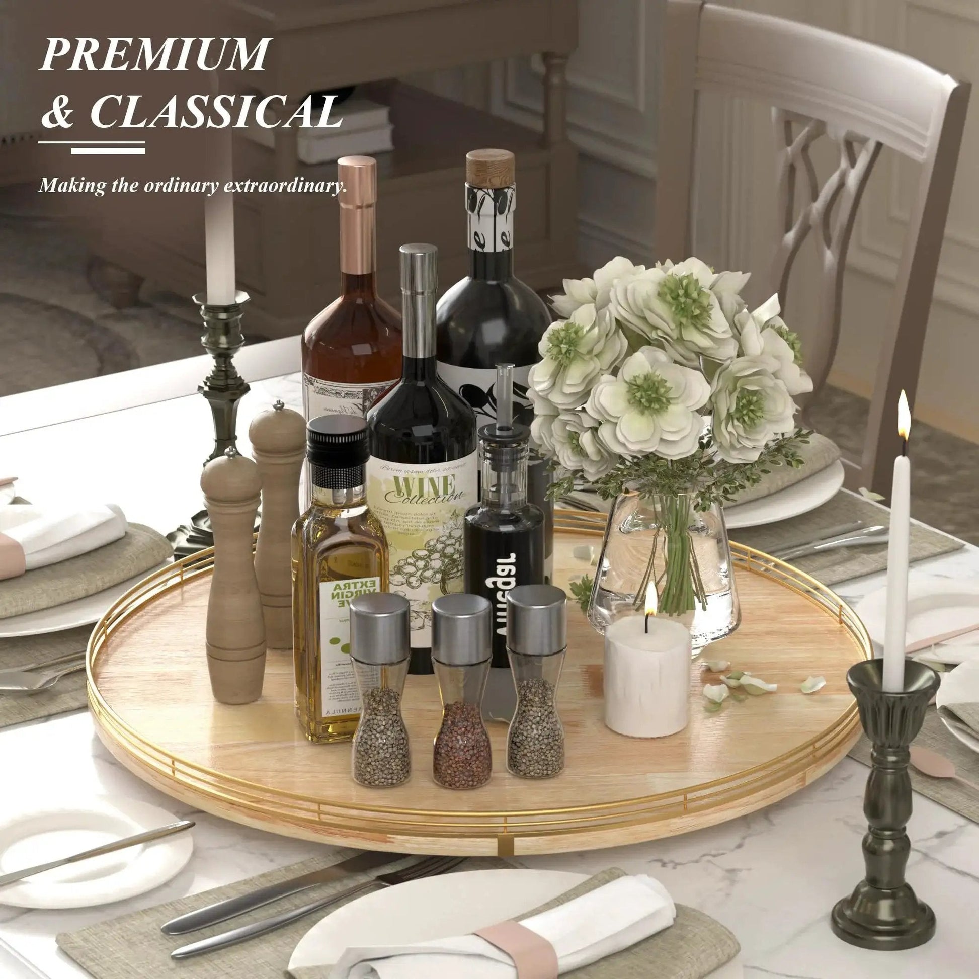 Extra Large 24 Inch Lazy Susan Turntable With Solid Oak Wood And Iron Rustic Farmhouse Style Rotating Tray on table with condiments