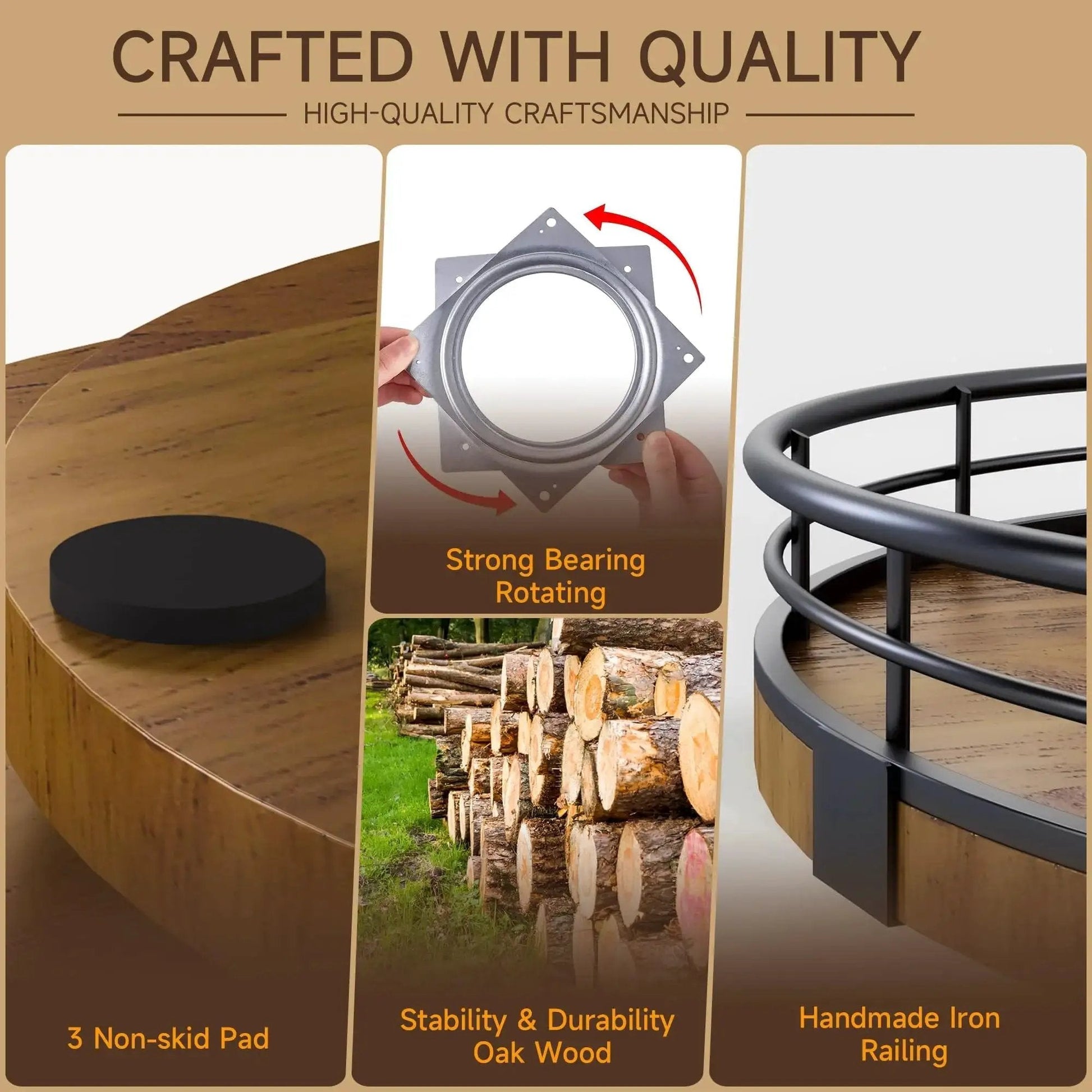 Walnut Wood 18 Inch Lazy Susan Turntable Organizer details showing non-skid pad, steel bearing, oak wood stability, and iron railing
