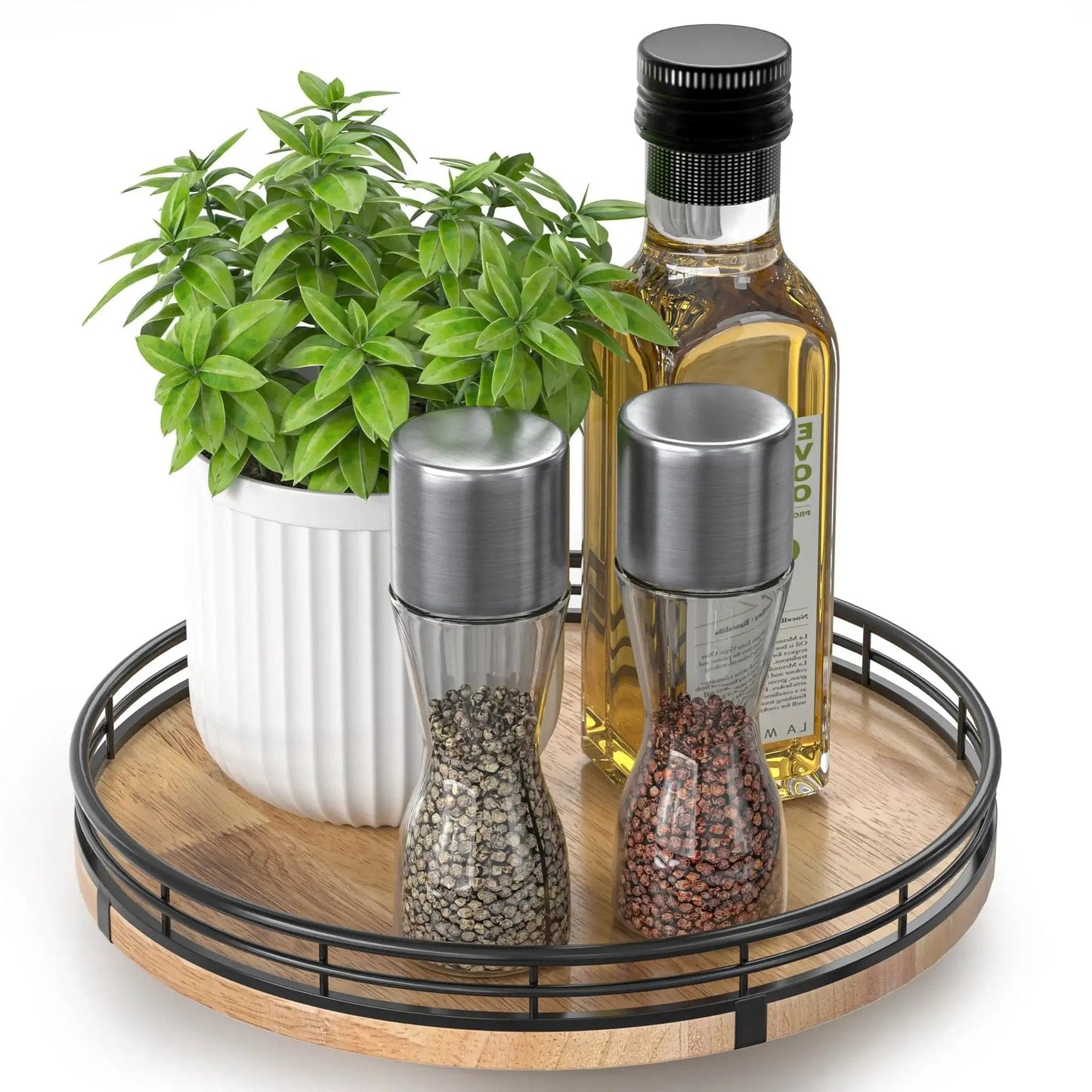 9 Inch Oak Wood Lazy Susan Turntable Organizer For Cabinets And Tables with spices, plant, and oil bottle, rustic farmhouse style