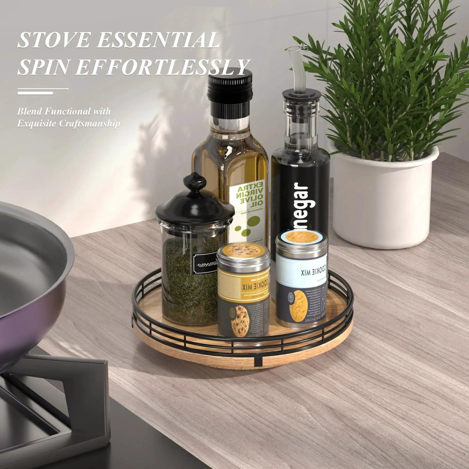 9 Inch Oak Wood Lazy Susan Turntable Organizer with spices and condiments, rustic dining room decor on a kitchen countertop.