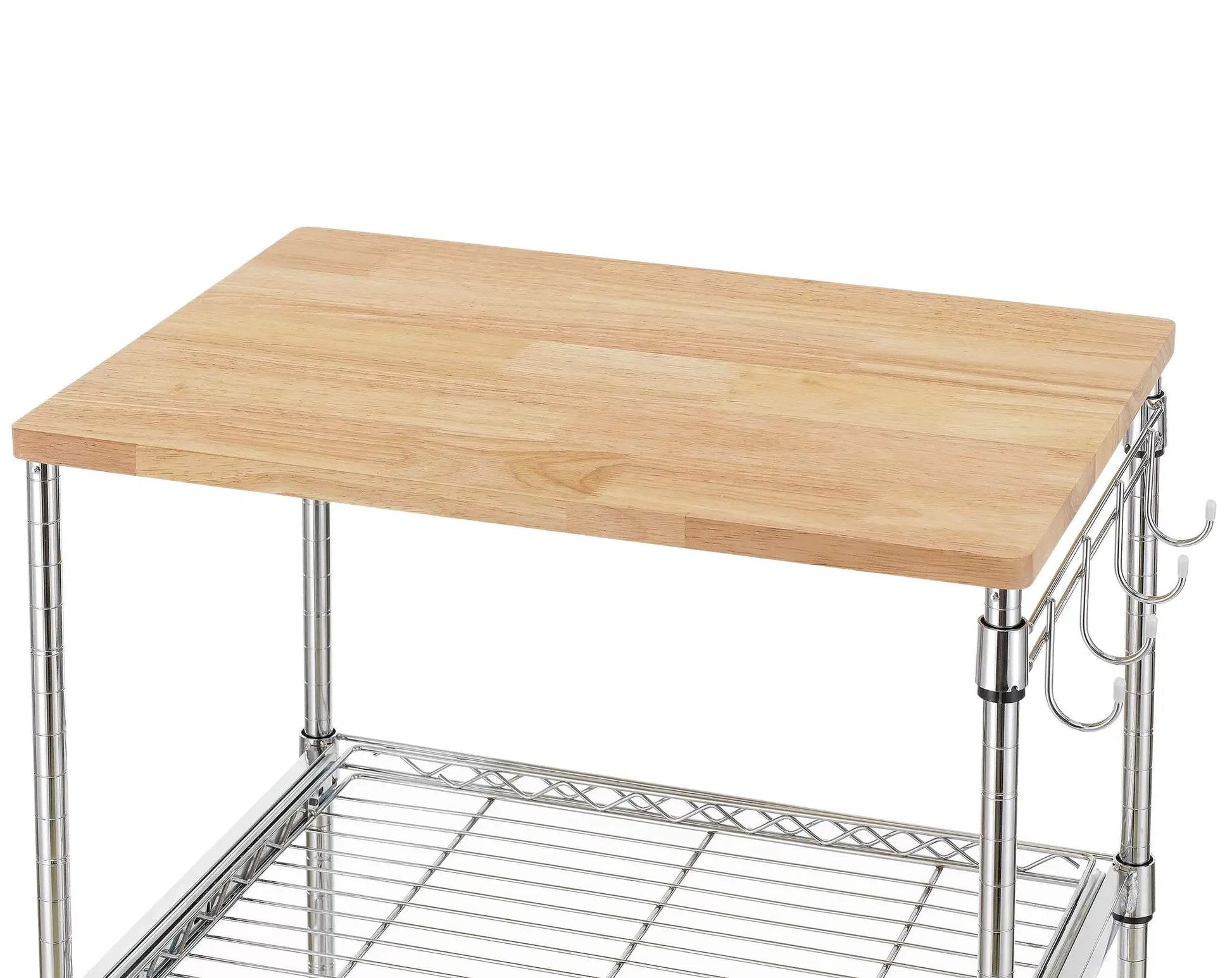 Heavy Duty 3 Tier Rolling Kitchen Cart Workhorse With Oak Wood Top And Drawer Slider Chrome Finish Four Wheels Hooks For Utensils 300 Lb Total Capacity Multi Function Kitchen Island Cart For Cooks And Caterers Finnhomy with oak top and chrome shelves