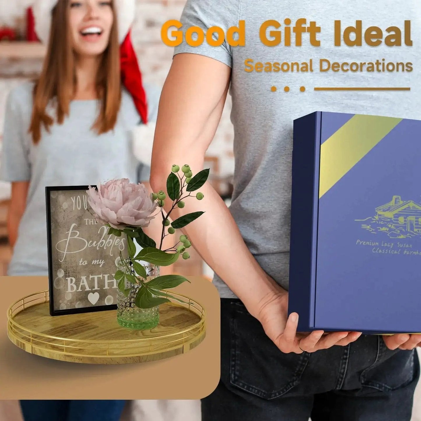 Gift box and floral decor on 13 Inch Round Wooden Lazy Susan Turntable Organizer For Cabinet And Pantry Storage on table
