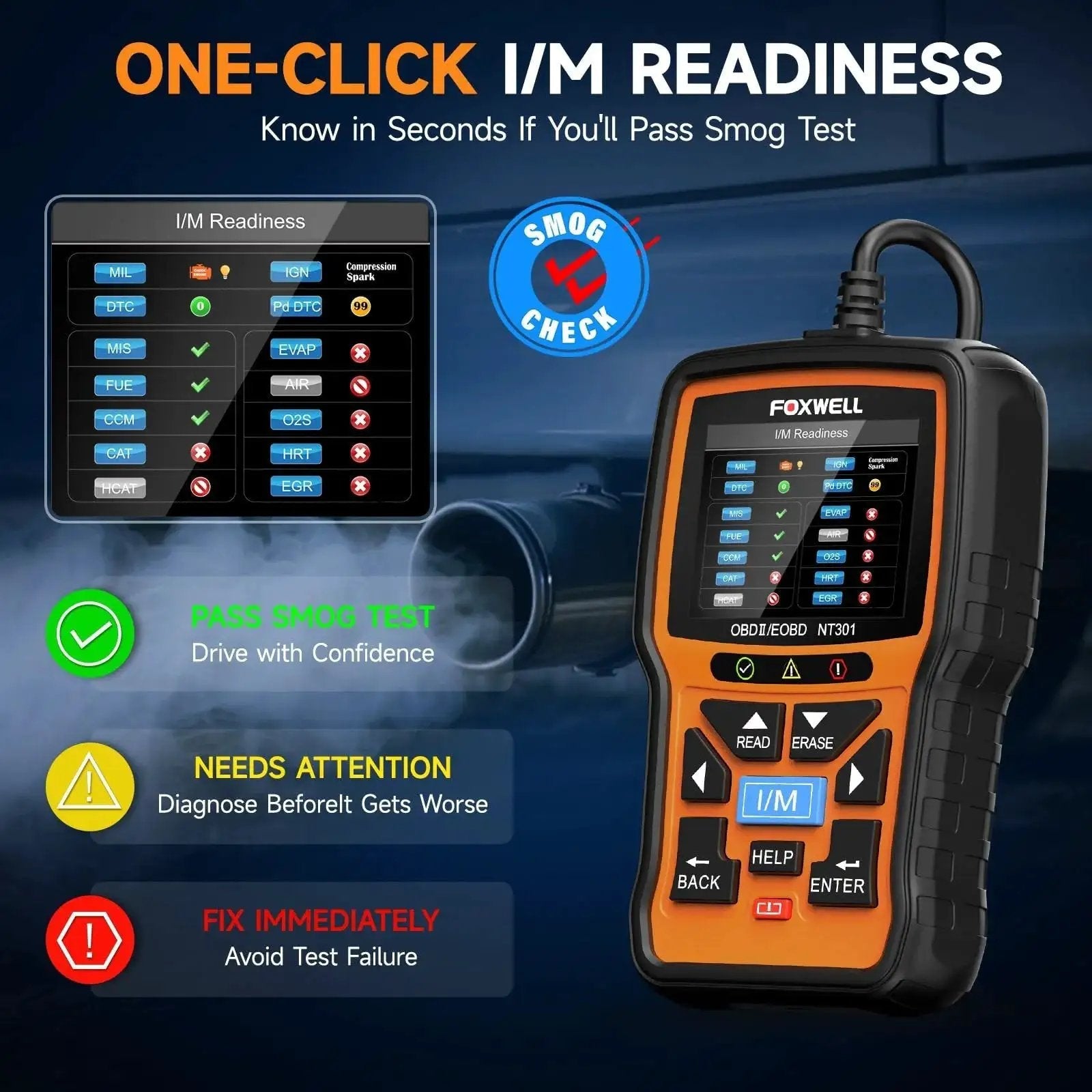 OBD2 Scanner With Live Data And Diagnostics For Check Engine Light DTC Retrieval Readiness Status MIL Reset Vehicle VIN Readout And Monitors For Professional Mechanics And Auto Technicians showing I/M readiness and smog check features.