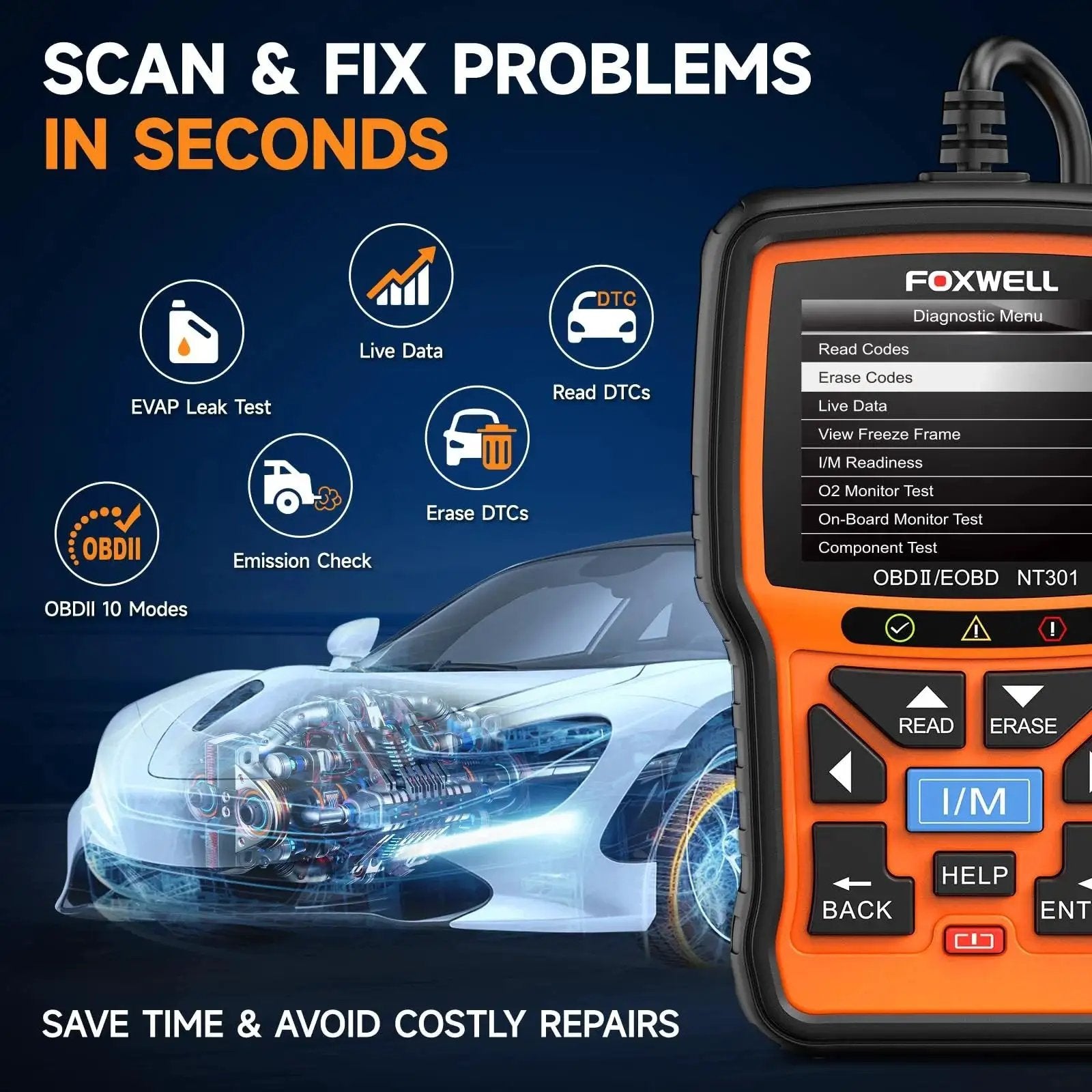 OBD2 Scanner With Live Data And Diagnostics For Check Engine Light DTC Retrieval Readiness Status MIL Reset Vehicle VIN Readout And Monitors displayed with car