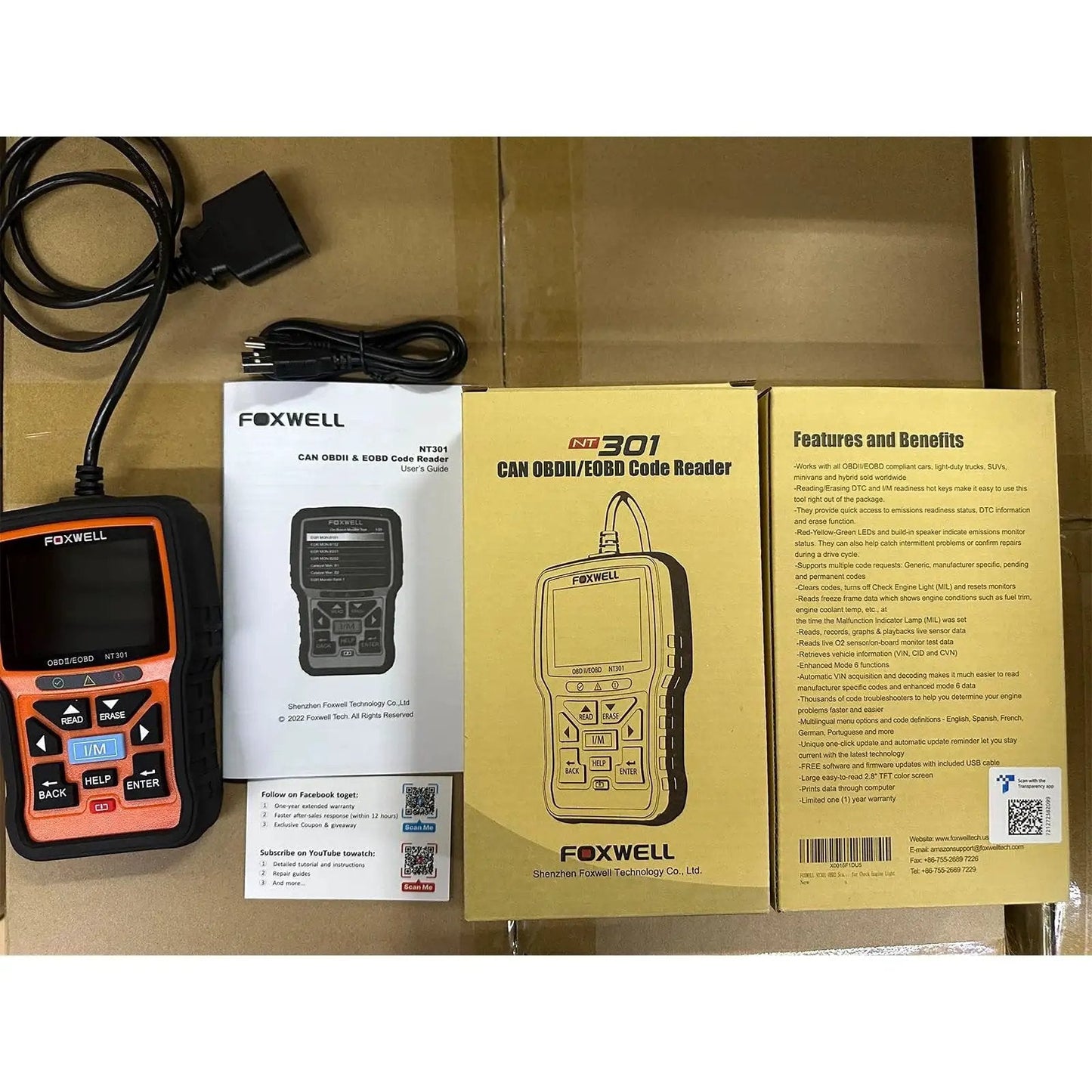 OBD2 Scanner With Live Data And Diagnostics For Check Engine Light DTC Retrieval Readiness Status MIL Reset Vehicle VIN Readout And Monitors For Professional Mechanics And Auto Technicians, showing device, manual, and packaging.