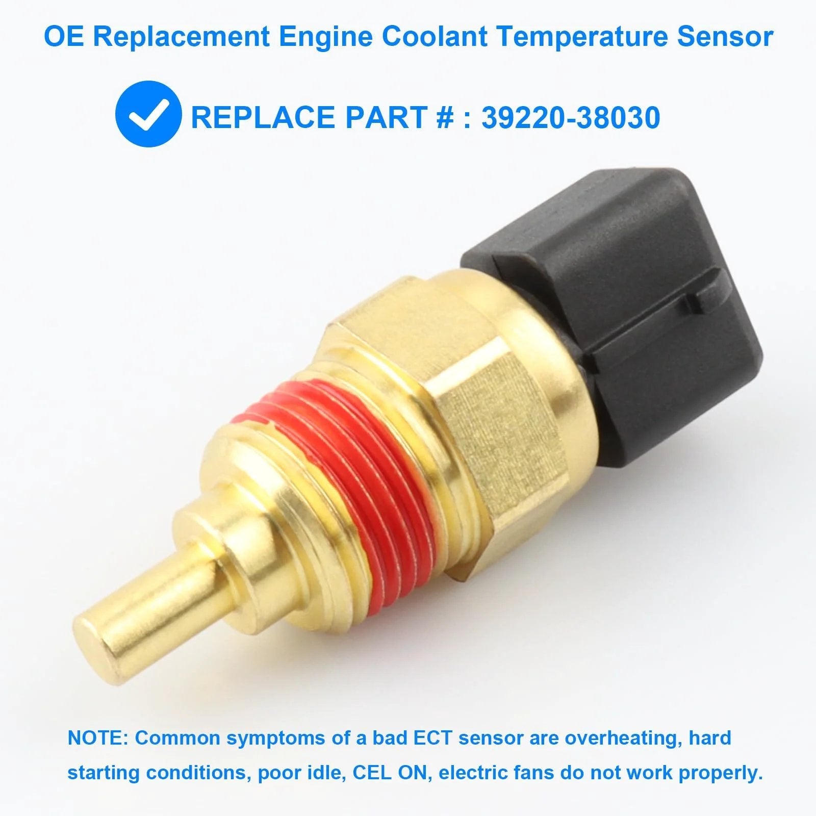 Durable Replacement Budget Friendly Coolant Temperature Sensor For Hyundai And Kia Vehicles ECT Temperature Sensor 39220 38030, side view with connector.