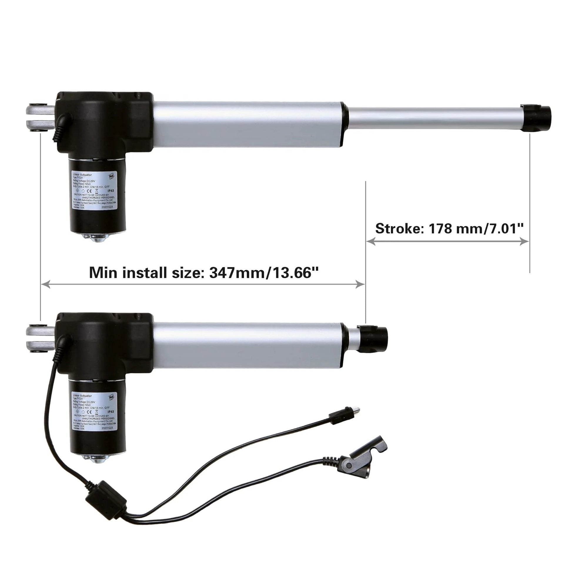 OEM Replacement FY031 Linear Actuator For Power Recliner Lift Chairs, 178mm stroke and 347mm install length with connectors.
