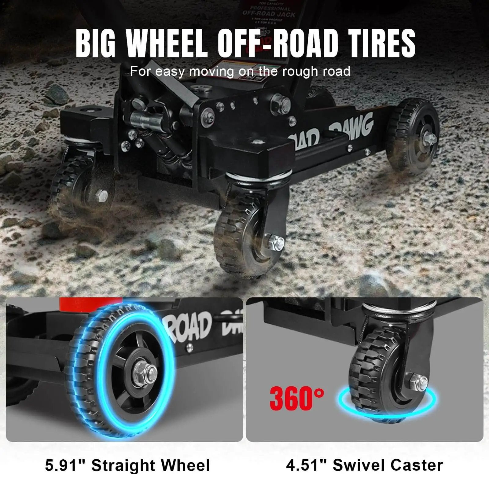 Heavy Duty Off Road Floor Jack With 3 Ton Capacity And Big Wheel Design For Muddy Terrains, features large wheels and dual pistons.