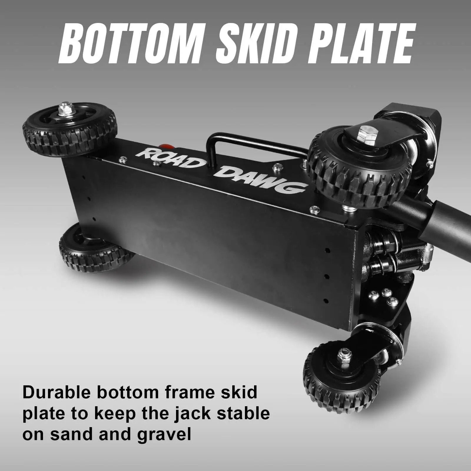 Bottom view of Road Dawg floor jack showing skid plate and big wheel design, part of Heavy Duty Off Road Floor Jack With 3 Ton Capacity.