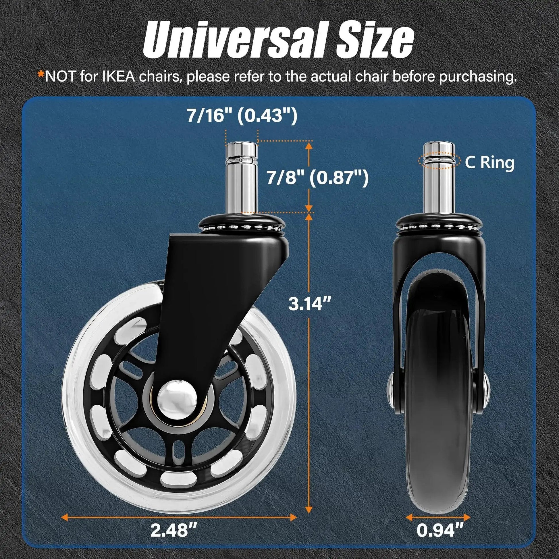 Front and side view of Office Chair Caster Wheels Set Of 5 Universal Fit 2.5 Inch Blade Wheels with dimensions labeled.
