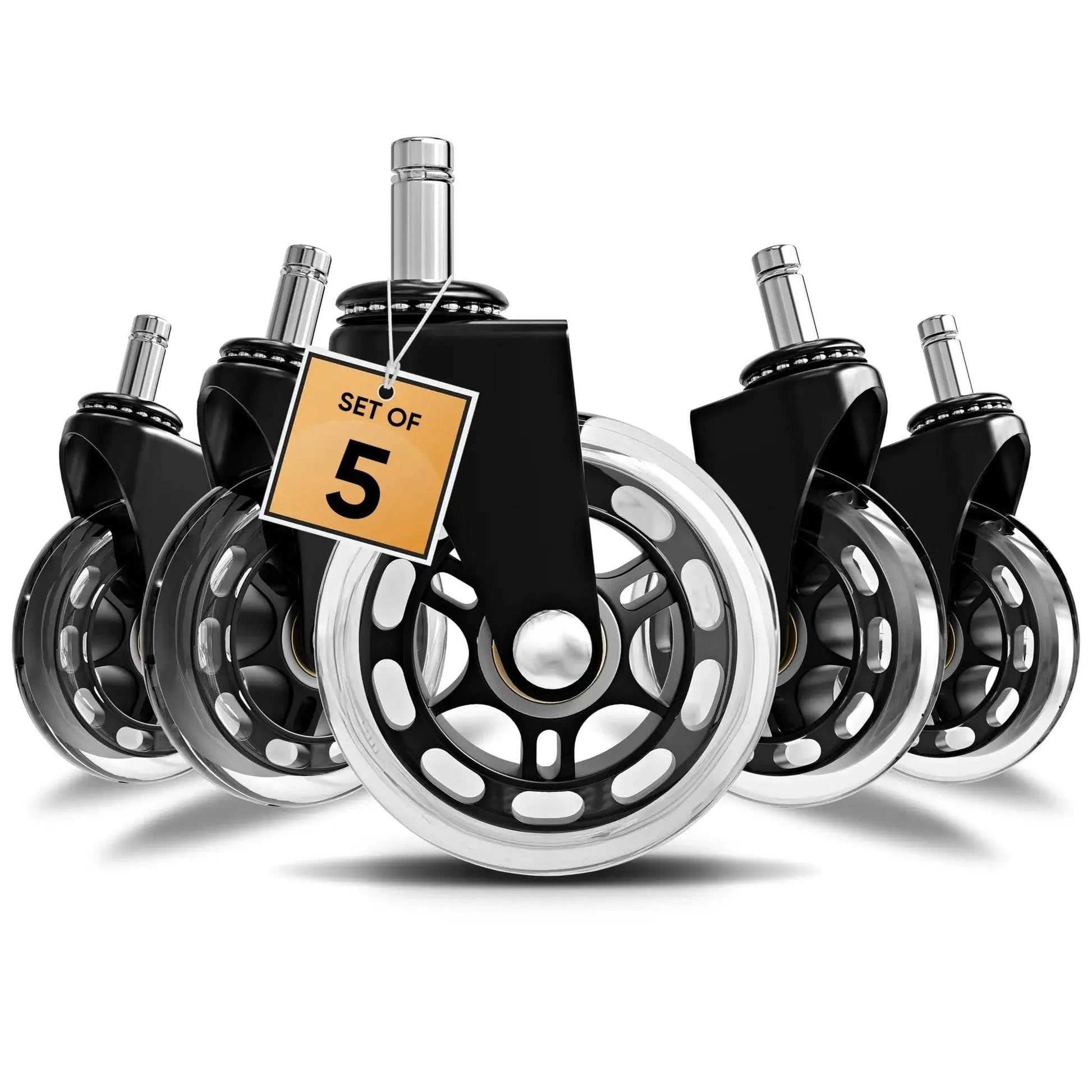 Office Chair Caster Wheels Set Of 5 Universal Fit 2.5 Inch Blade Wheels With Soft Polyurethane Rollers displayed in front view
