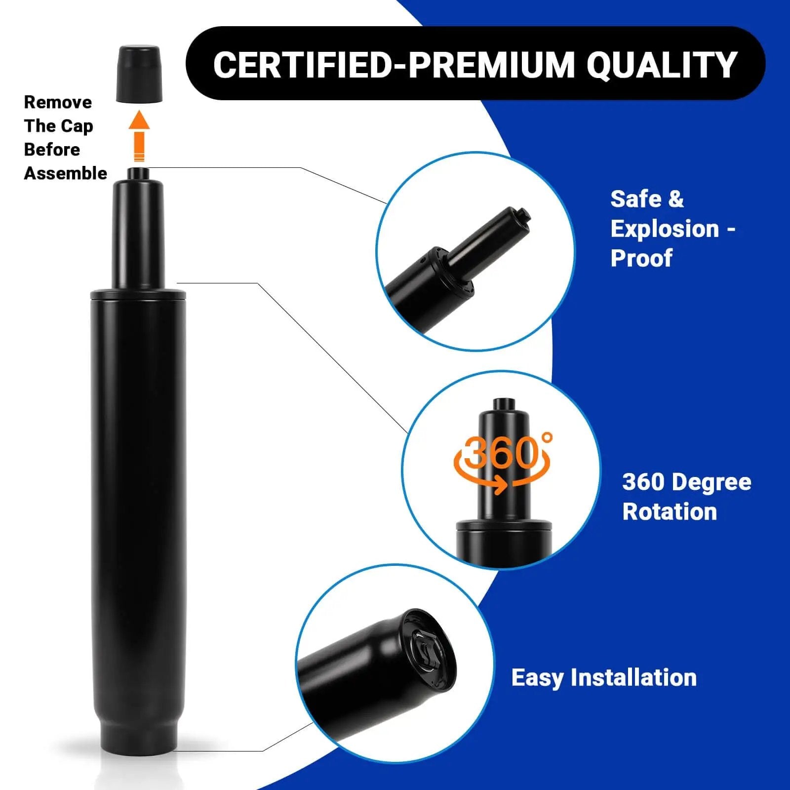 Heavy Duty Office Chair Cylinder Replacement 11 to 16.5 Inch Travel Length With 5.5 Inch Stroke 1000 Lbs Class 4 Hydraulic Lift
