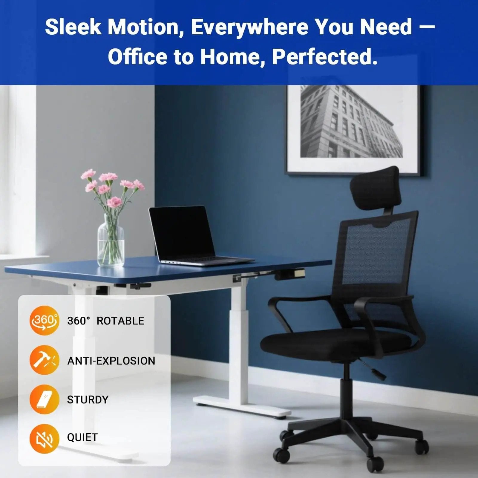 Home office setup with a black mesh office chair and adjustable desk, featuring 360-degree rotation and anti-explosion features, in front of a blue wall.