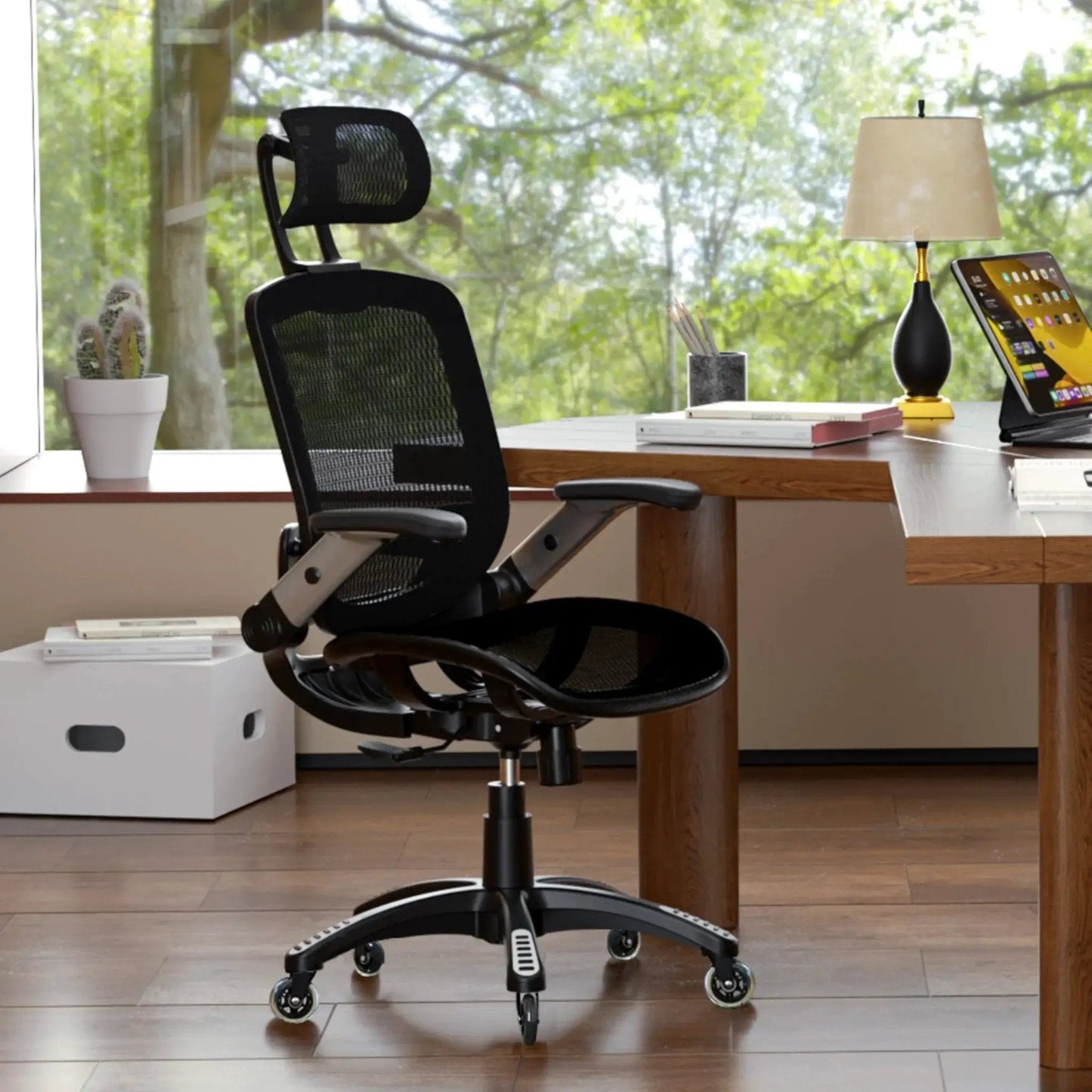 Ergonomic office chair with mesh backrest on Office Chair Caster Wheels Set Of 5 Universal Fit 2.5 Inch Blade Wheels, hardwood floor.