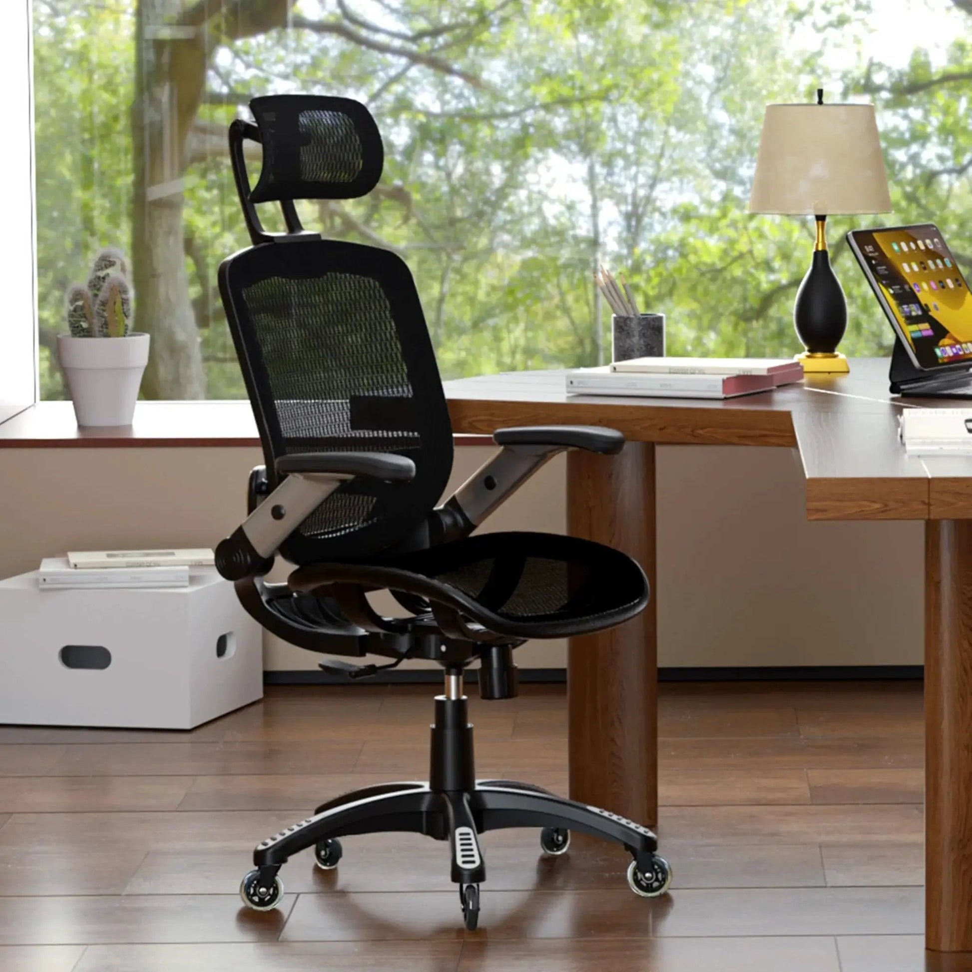 Ergonomic office chair with mesh backrest on Office Chair Caster Wheels Set Of 5 Universal Fit 2.5 Inch Blade Wheels, hardwood floor.