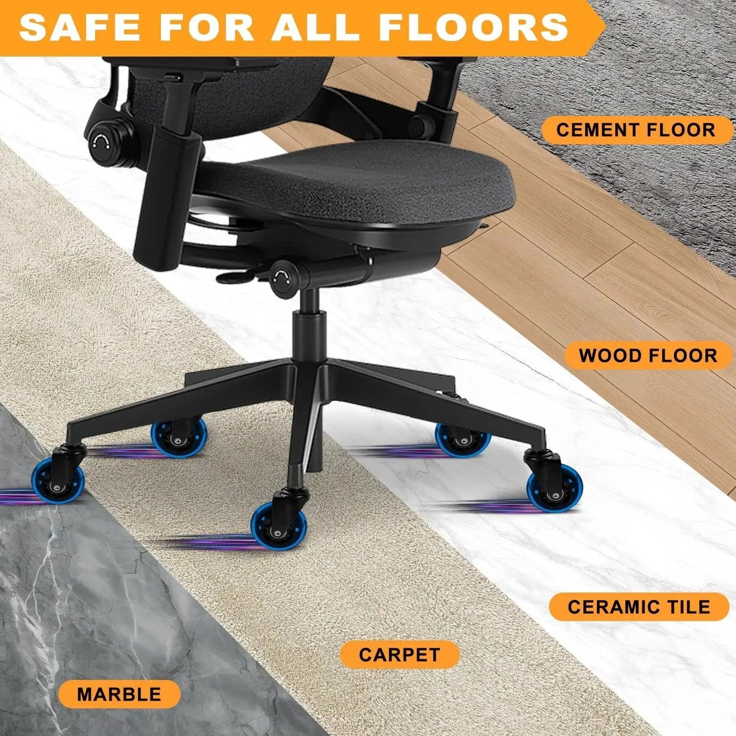 Office Chair Wheels Replacement Set Of Five 3 Inch Soft Non Marking Polyurethane Casters For All Floors Including Hardwood And Carpet Delivers Smooth Quiet Glide For Desk Chairs Blue shown on various floor types.