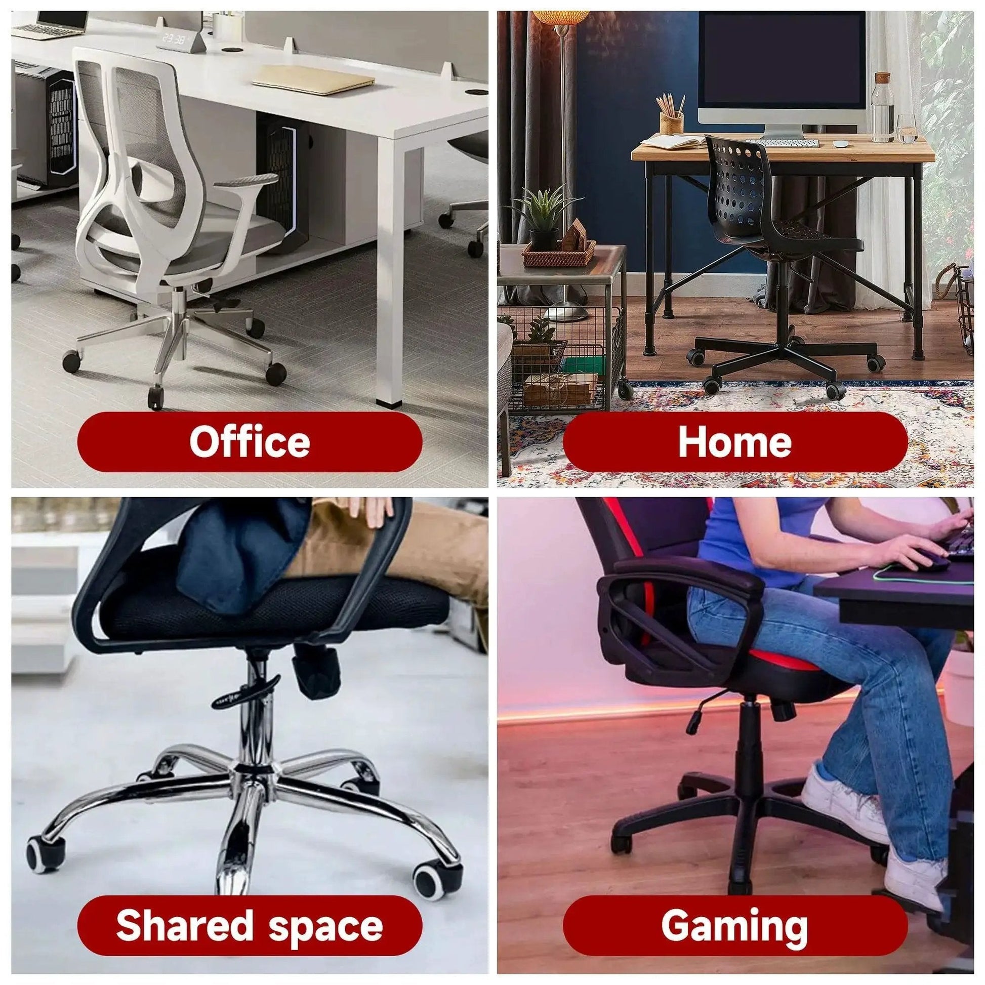 Collage of swivel chairs for office, home, shared space, and gaming with different designs and settings.