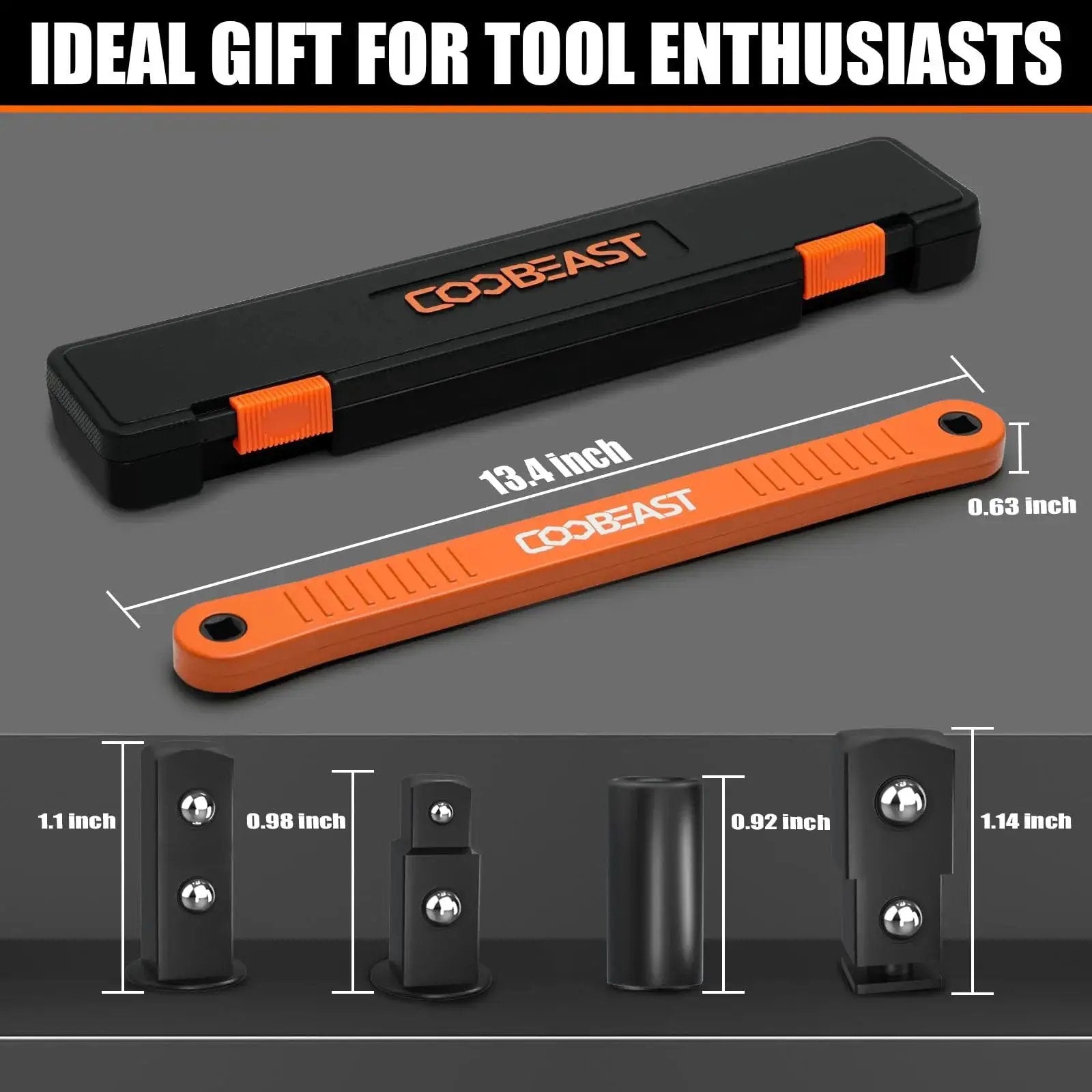 Three Eighths Inch Offset Extension Wrench For Tight Spaces, Impact Ready Socket Extender displayed with size measurements and drive adapters
